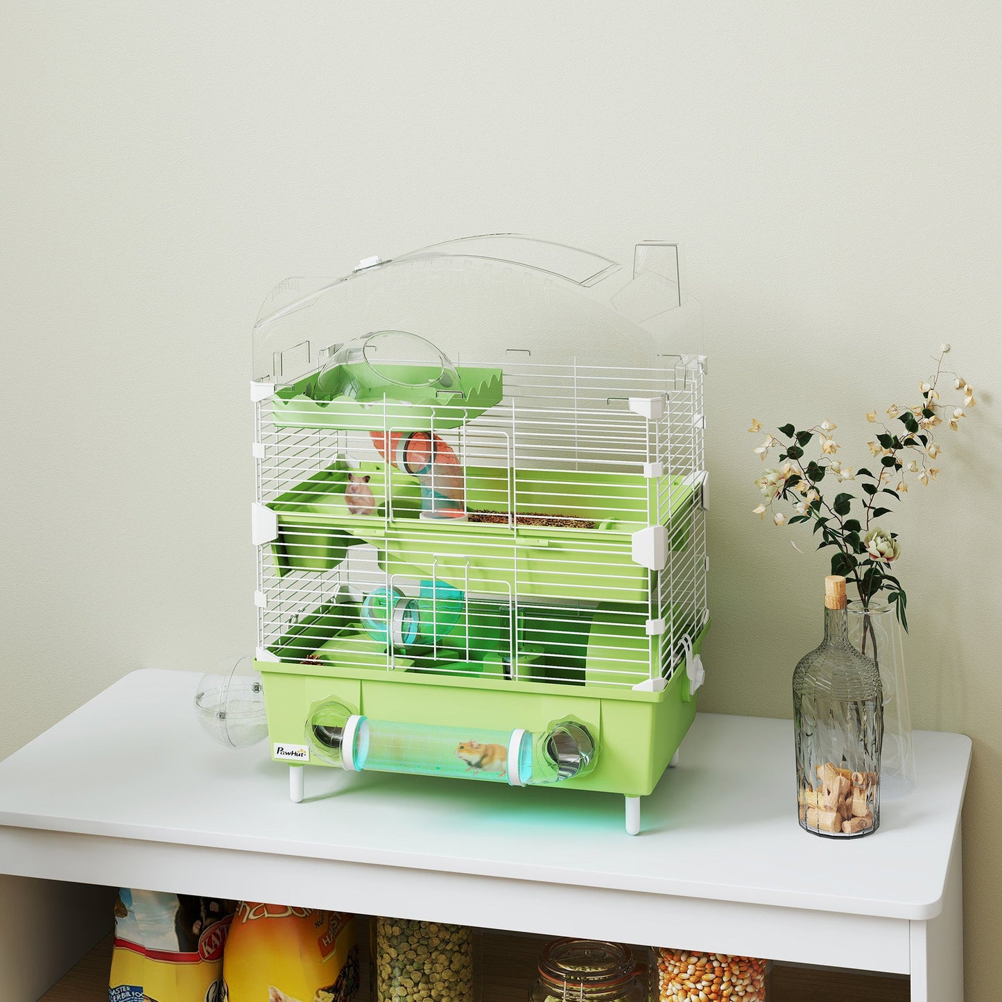 3-Tier Hamster Cage, Hamster Habitat with Transparent Top, Sand Bathroom, Exercise Wheel, Hideout Room, Tubes, Small Animal Cage for Dwarf Hamster, 45 x 28 x 60 cm, Green