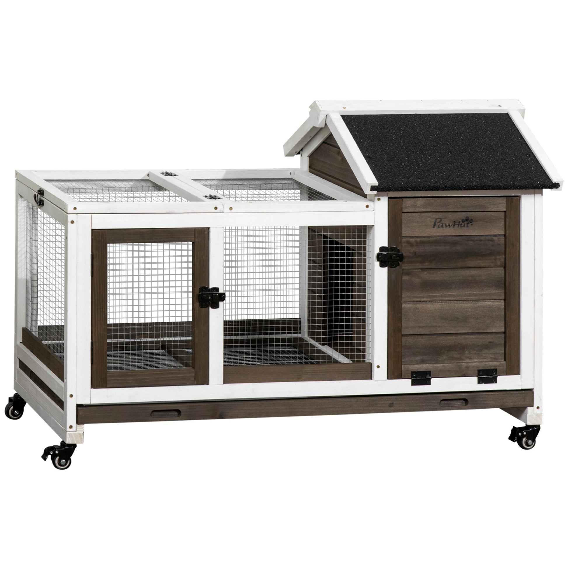 Wooden Rabbit Hutch with Wheels, Guinea Pig Cage, Small Animal House for Outdoor & Indoor with Slide-out Tray, 108 x 58 x 73.5cm, Brown