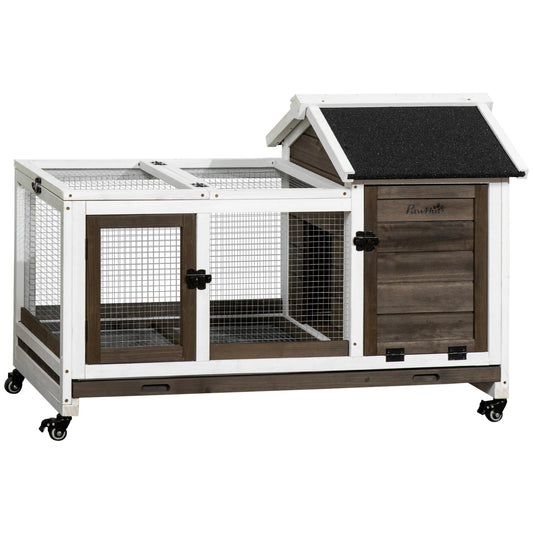 Wooden Rabbit Hutch with Wheels, Guinea Pig Cage, Small Animal House for Outdoor & Indoor with Slide-out Tray, 108 x 58 x 73.5cm, Brown
