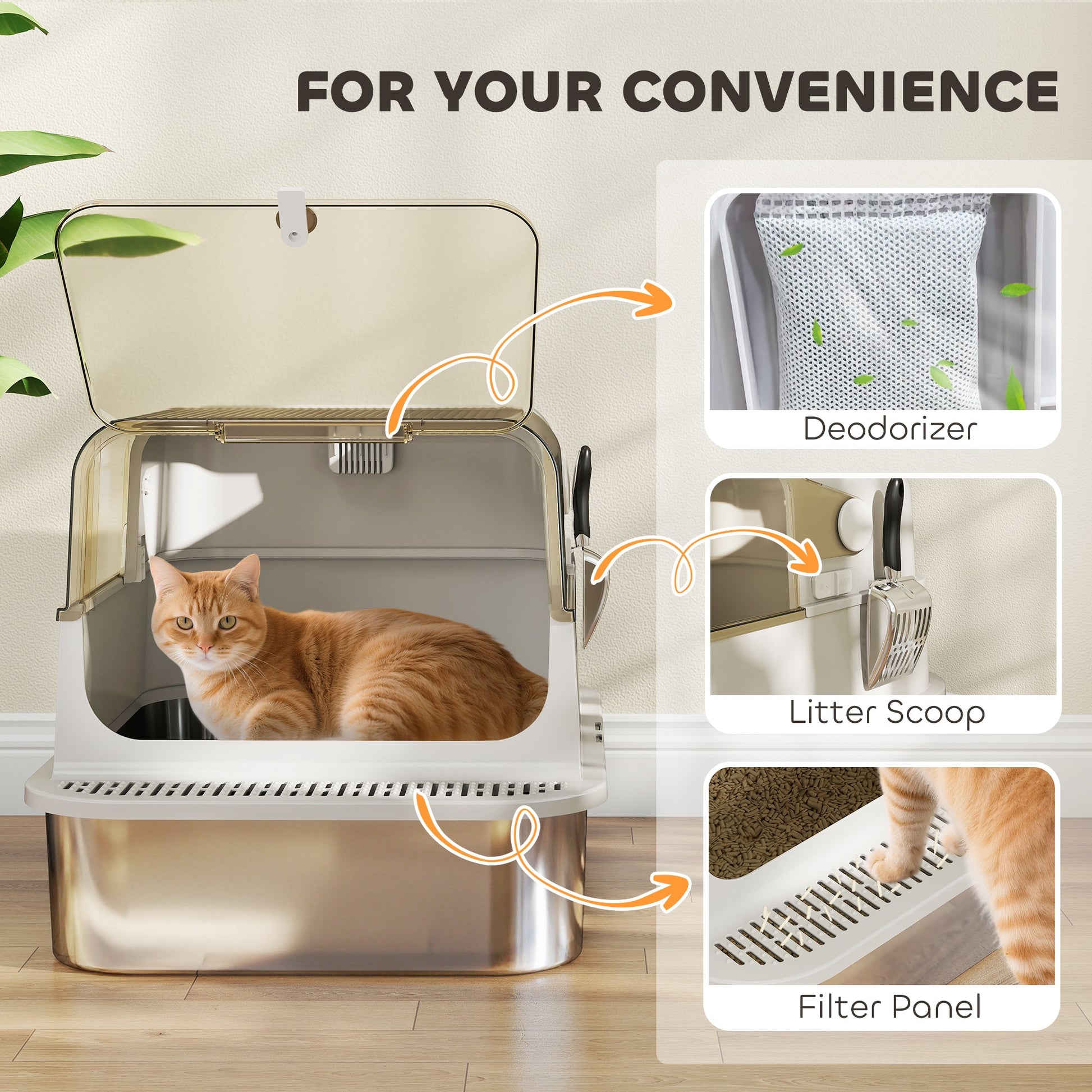 XXL Stainless Steel Cat Litter Tray, Enclosed Cat Litter Box with 90° Flip Cover, Double Doors, Scoop, Easy Clean, Odor Control, Anti-Leaking, Non-Sticky, Grey