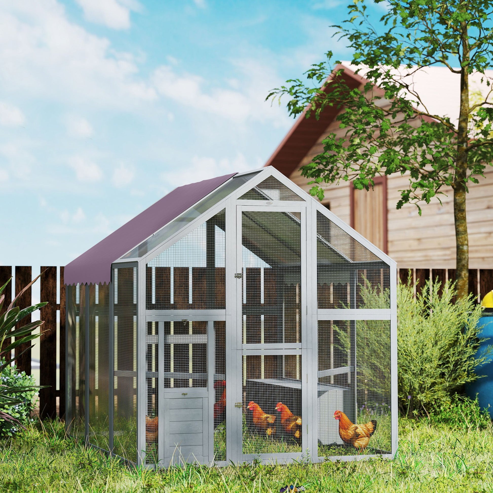 Chicken Run, Large Wooden Walk In Chicken Coop with Waterproof Cover, Split Door, 2 Nesting Boxes, 2 Roosting Bars, Poultry Hen Cage for 6-8 Chickens, Ducks, Geese, Rabbits, 1.7 x 1.8 x 1.8 m