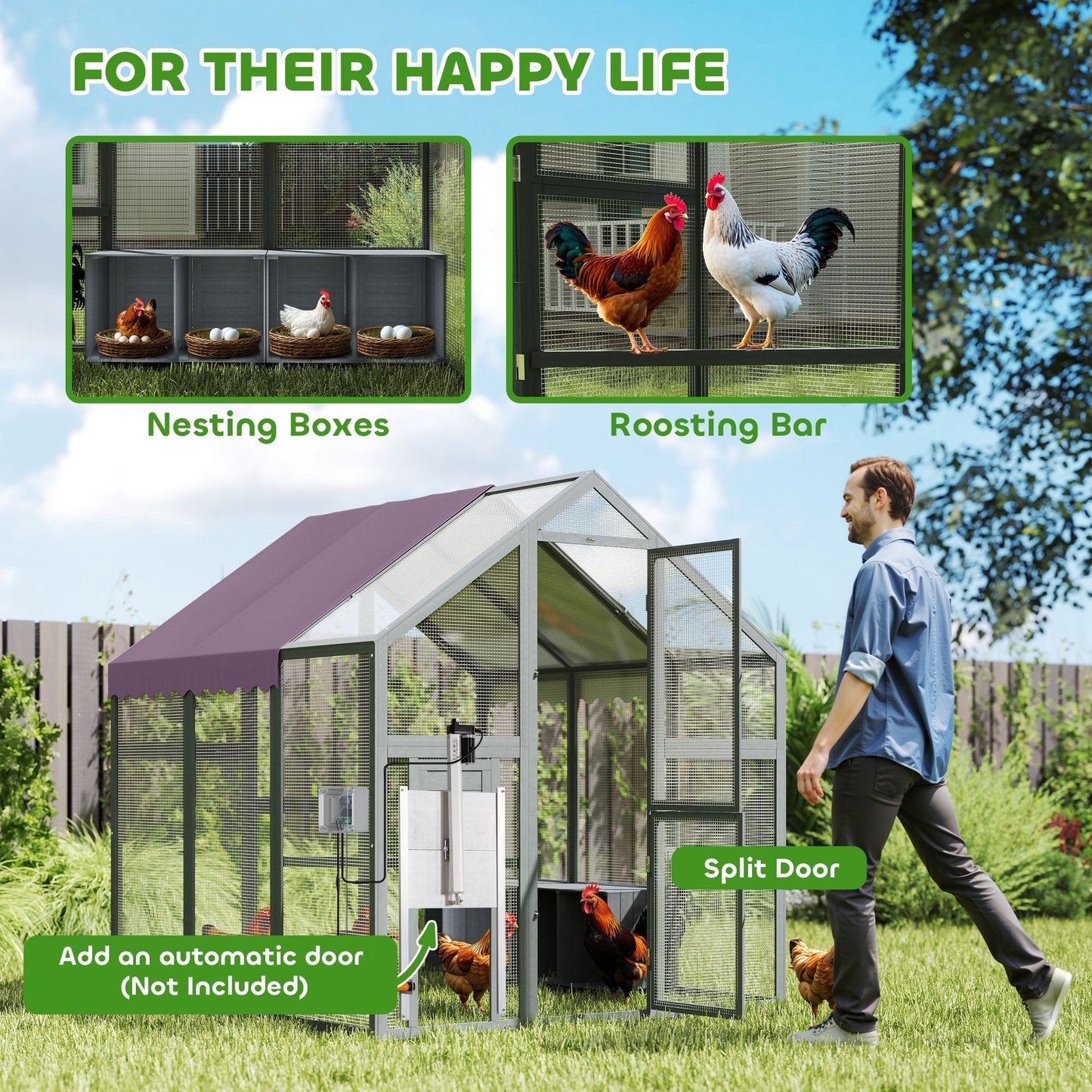 Chicken Run, Large Wooden Walk In Chicken Coop with Waterproof Cover, Split Door, 2 Nesting Boxes, 2 Roosting Bars, Poultry Hen Cage for 6-8 Chickens, Ducks, Geese, Rabbits, 1.7 x 1.8 x 1.8 m