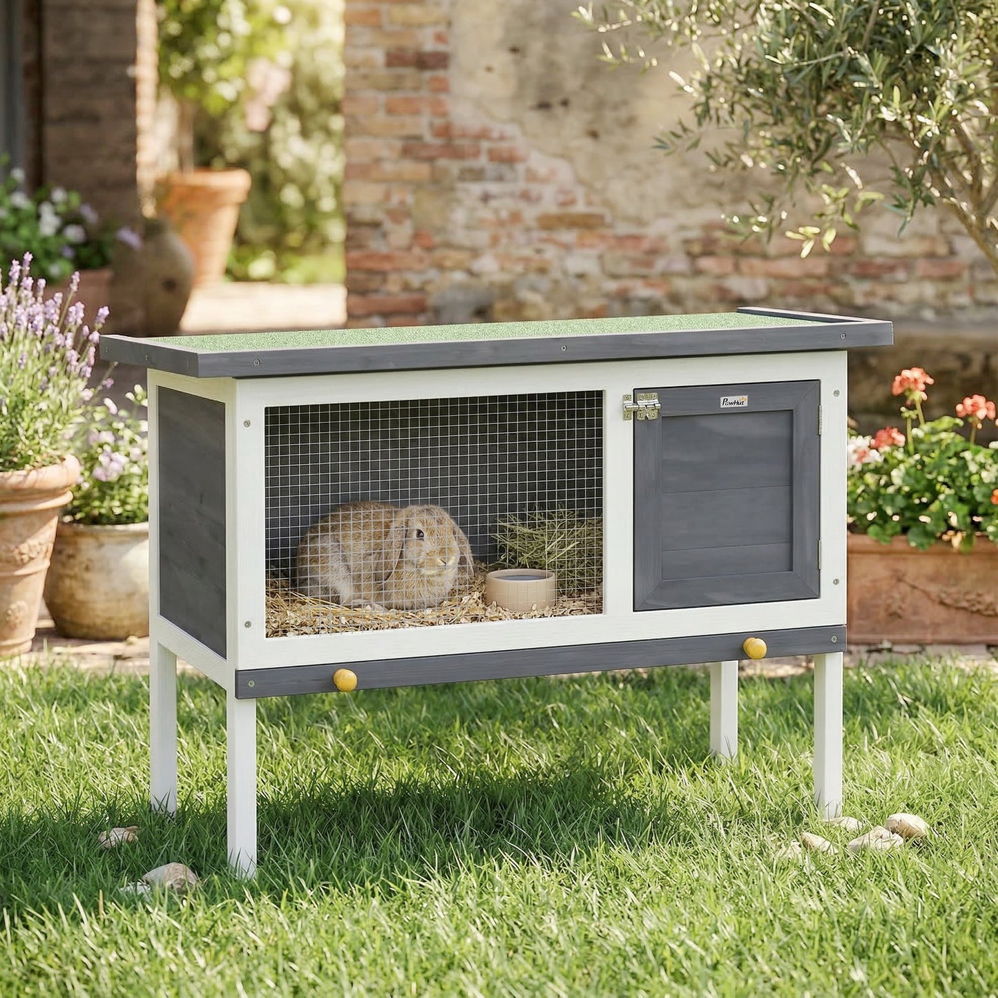 Wooden Rabbit Hutch, Guinea Pig Hutch with Openable Asphalt Roof and Pull-Out Tray, Outdoor Elevated Bunny House for Rabbits, Chinchillas and Small Animals, Indoor Outdoor Use, Grey