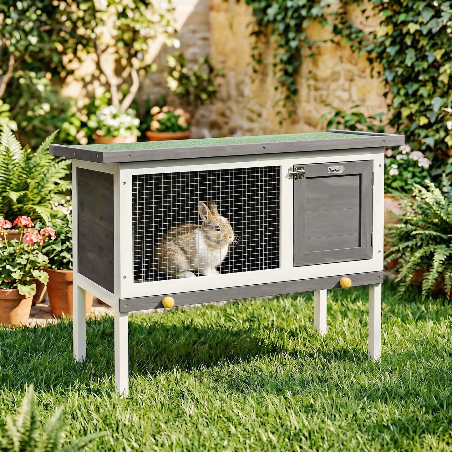 Wooden Rabbit Hutch, Guinea Pig Hutch with Openable Asphalt Roof and Pull-Out Tray, Outdoor Elevated Bunny House for Rabbits, Chinchillas and Small Animals, Indoor Outdoor Use, Grey