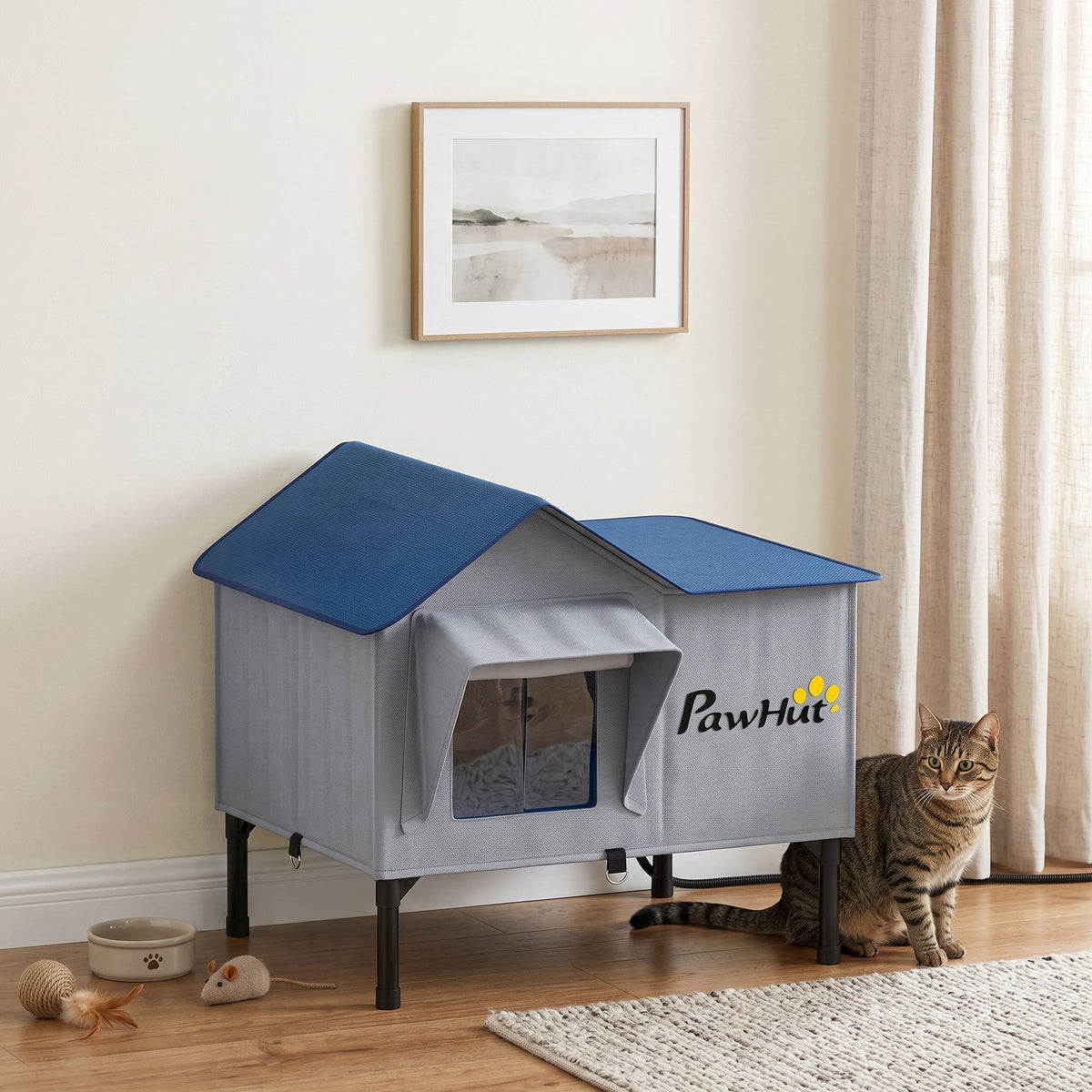 Heated Cat House Weatherproof with Heated Pad for Feral & Stray Cats, Outdoor Cat Shelter with Escape Door, 5 cm Elevated Base, Rainproof Roof