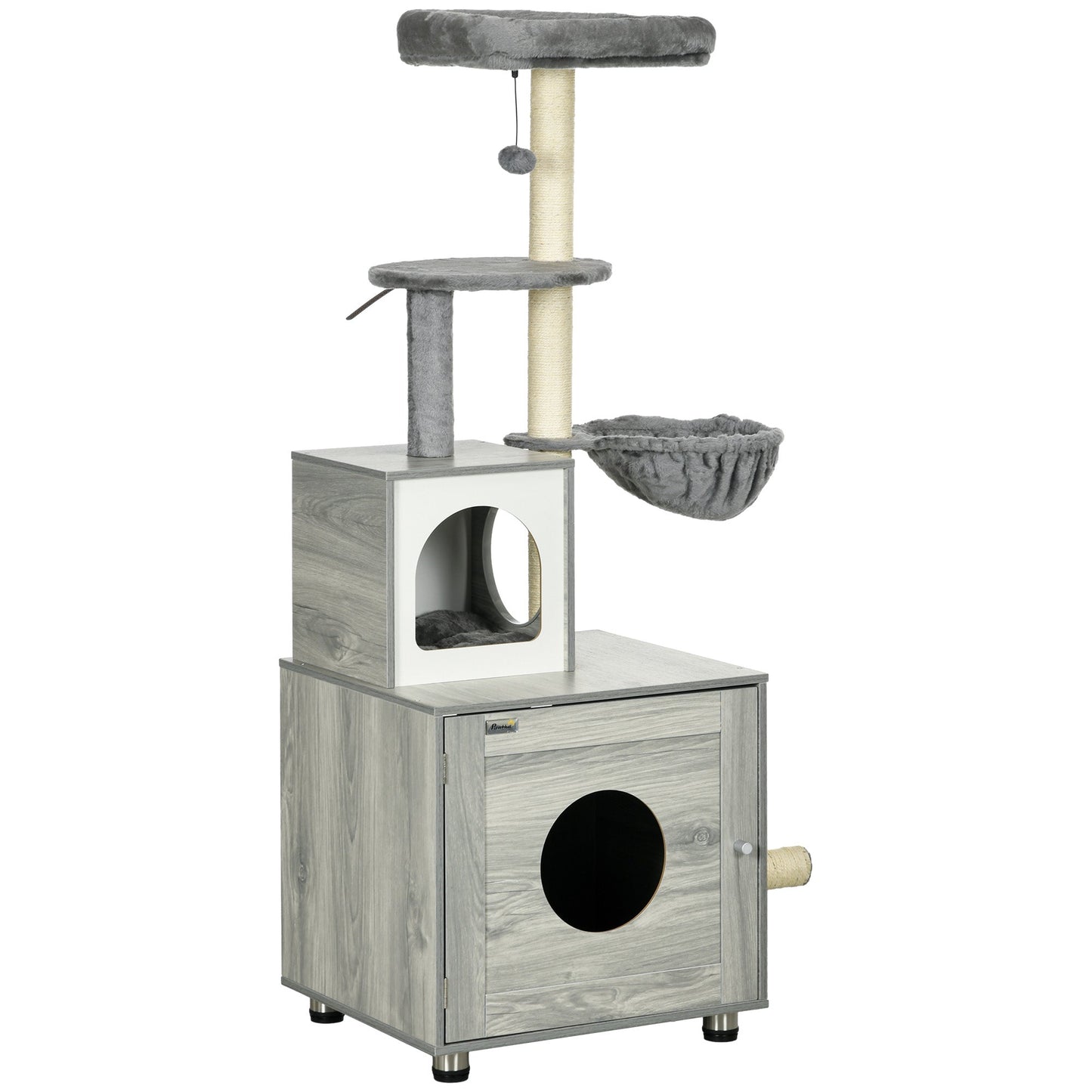 Cat Tower with Litter Box Enclosure, Cat Tree for Indoor Cats with Cat House, Scratching Post, Hammock, Grey