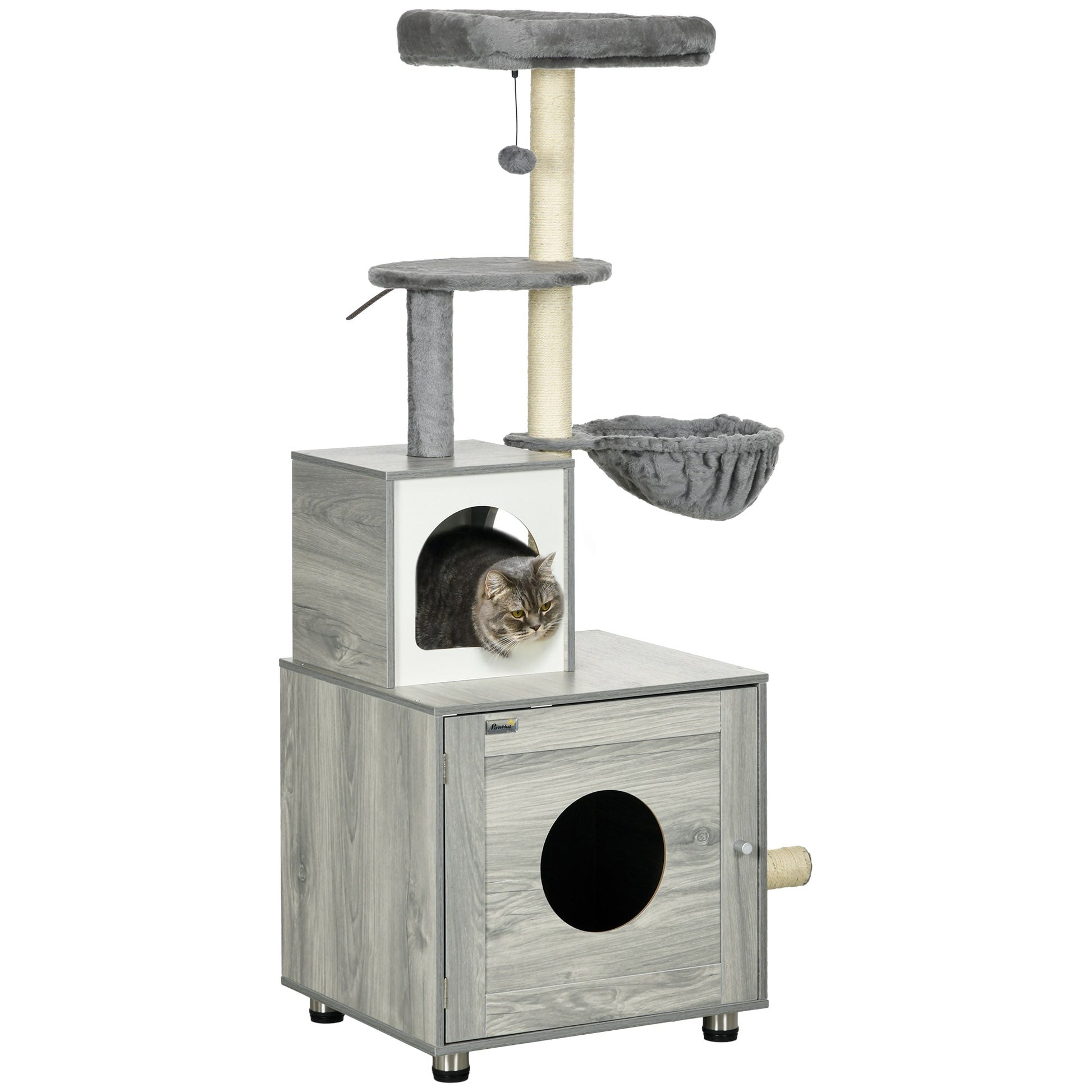 Cat Tower with Litter Box Enclosure, Cat Tree for Indoor Cats with Cat House, Scratching Post, Hammock, Grey