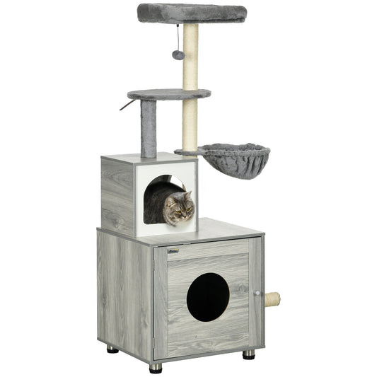 Cat Tower with Litter Box Enclosure, Cat Tree for Indoor Cats with Cat House, Scratching Post, Hammock, Grey