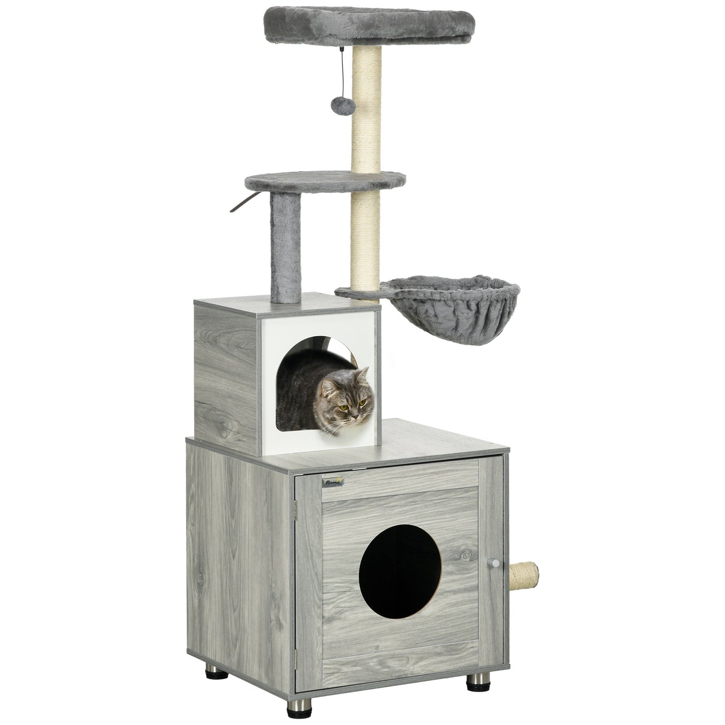 Cat Tower with Litter Box Enclosure, Cat Tree for Indoor Cats with Cat House, Scratching Post, Hammock, Grey