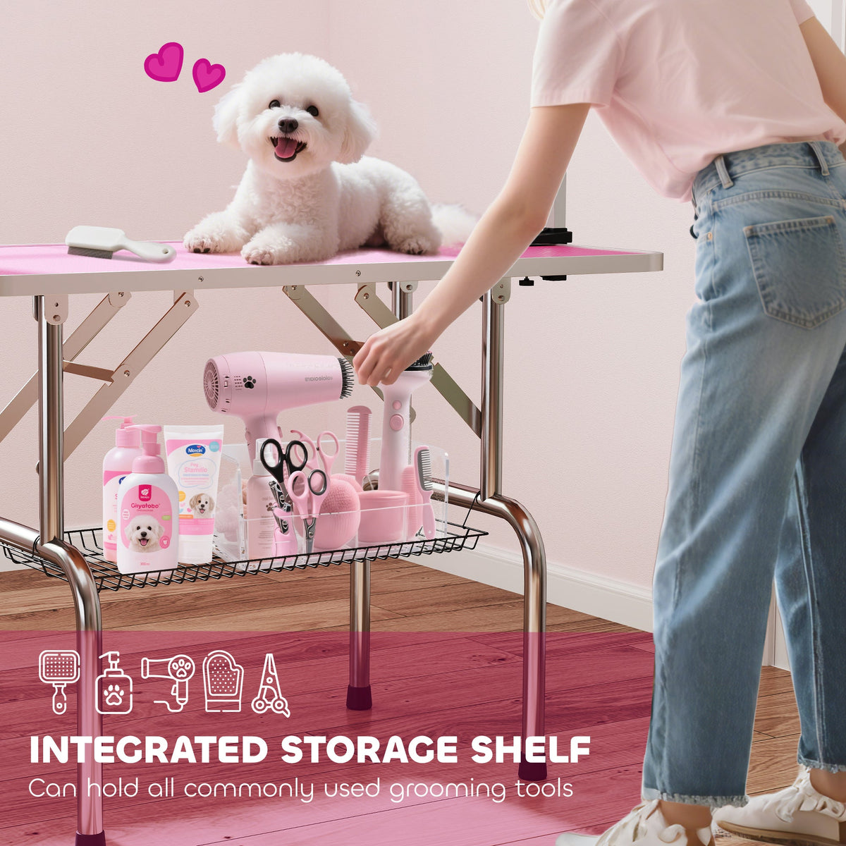 42" Foldable Dog Grooming Table Adjustable Pet Cat Drying Beauty Table Rubber Top with 2 Loops Storage Basket Metal Pink