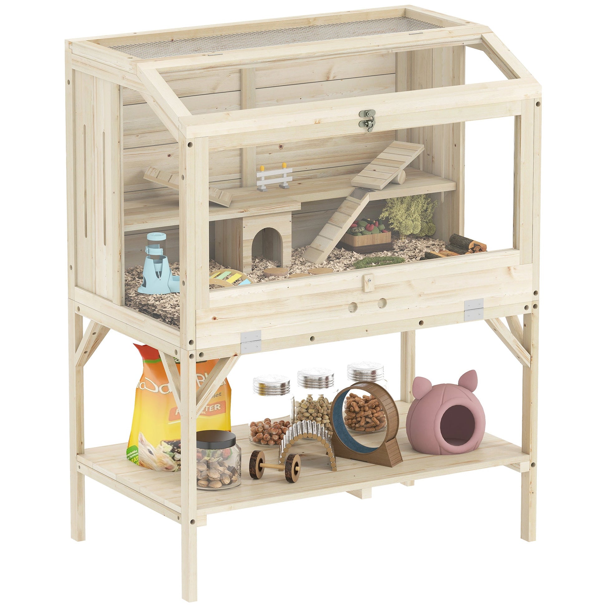 Wooden Hamster Cage, 2 Tier Transparent Gerbil Cage with Storage Shelf, Openable Top, Tray, Seesaws, Ramp, Water Bottle, Small Animal Habitat for Syrian, Gerbils, Rats, Rodent, 84 x 53 x 110 cm