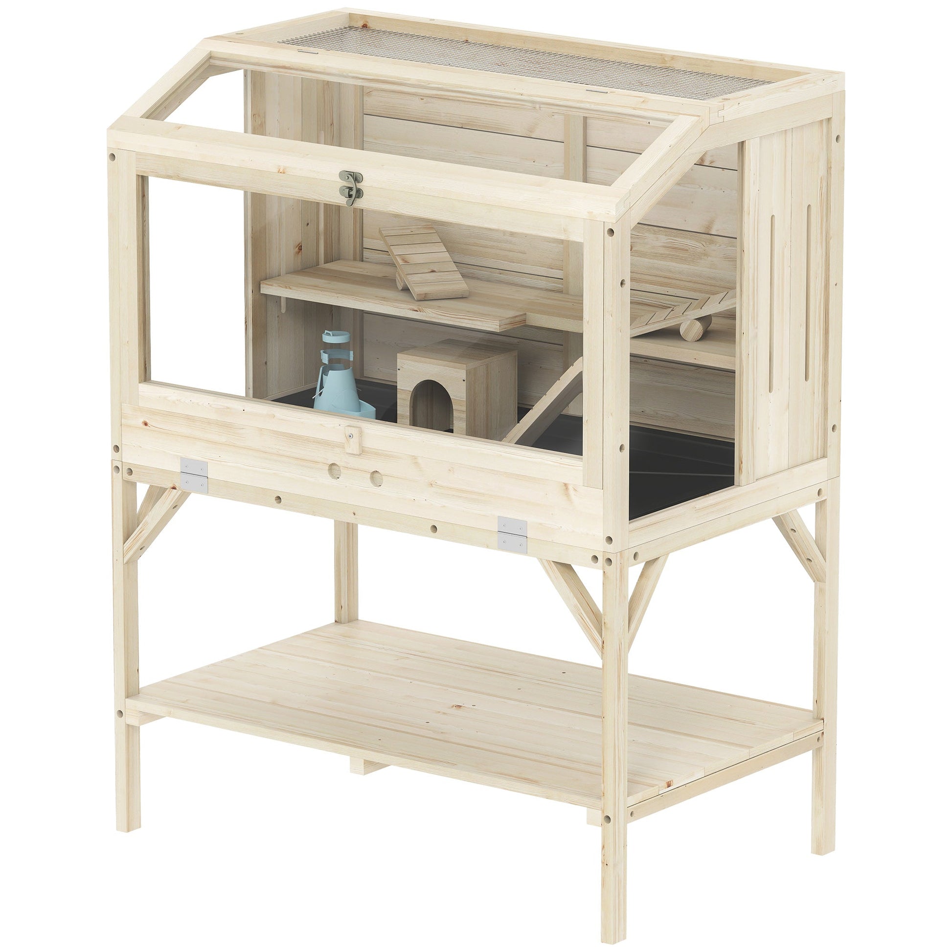 Wooden Hamster Cage, 2 Tier Transparent Gerbil Cage with Storage Shelf, Openable Top, Tray, Seesaws, Ramp, Water Bottle, Small Animal Habitat for Syrian, Gerbils, Rats, Rodent, 84 x 53 x 110 cm