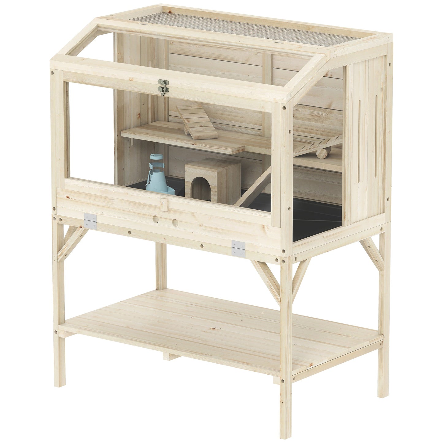 Wooden Hamster Cage, 2 Tier Transparent Gerbil Cage with Storage Shelf, Openable Top, Tray, Seesaws, Ramp, Water Bottle, Small Animal Habitat for Syrian, Gerbils, Rats, Rodent, 84 x 53 x 110 cm
