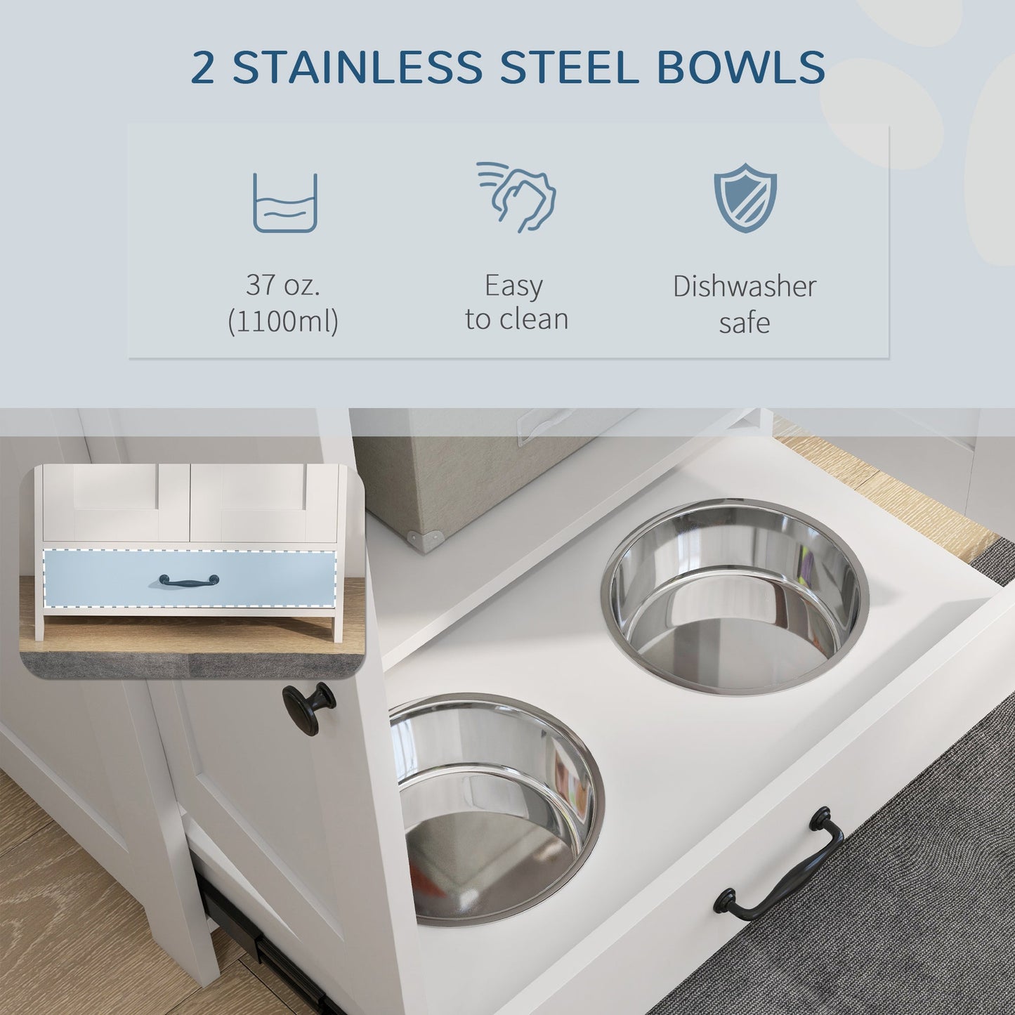 Pet Feeding Station with Storage, Dog Feeding Station with Raised Dog Bowls, Adjustable Panel, Hooks, Pet Food Storage Cabinet, White