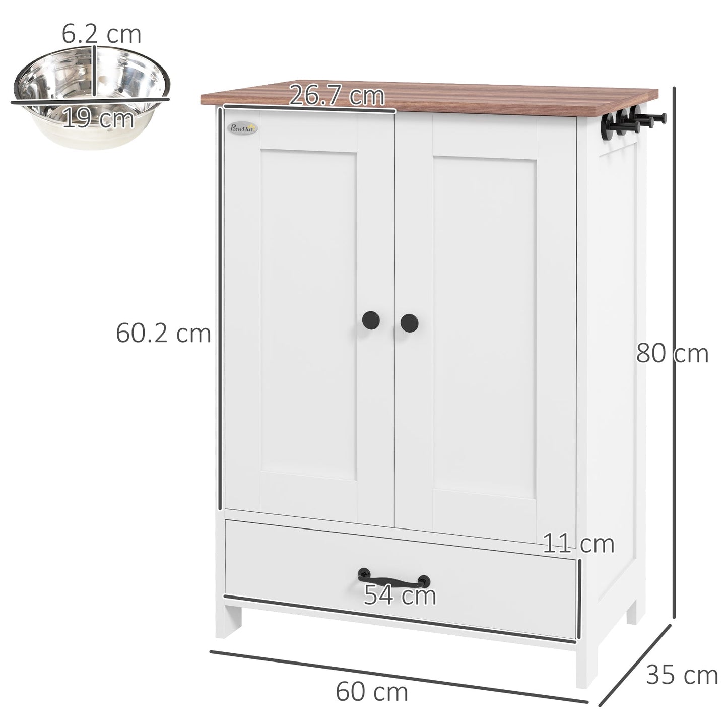 Pet Feeding Station with Storage, Dog Feeding Station with Raised Dog Bowls, Adjustable Panel, Hooks, Pet Food Storage Cabinet, White