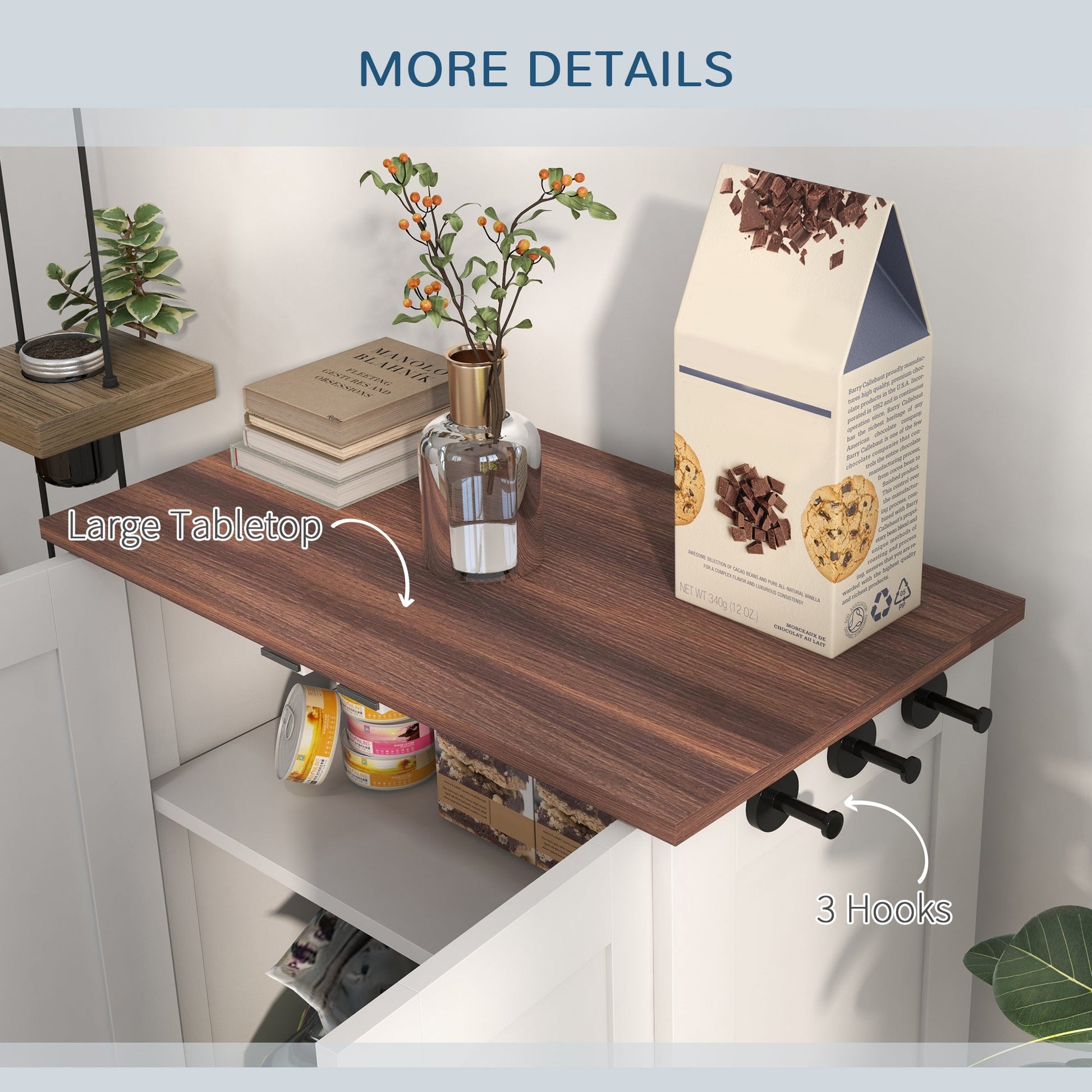 Pet Feeding Station with Storage, Dog Feeding Station with Raised Dog Bowls, Adjustable Panel, Hooks, Pet Food Storage Cabinet, White