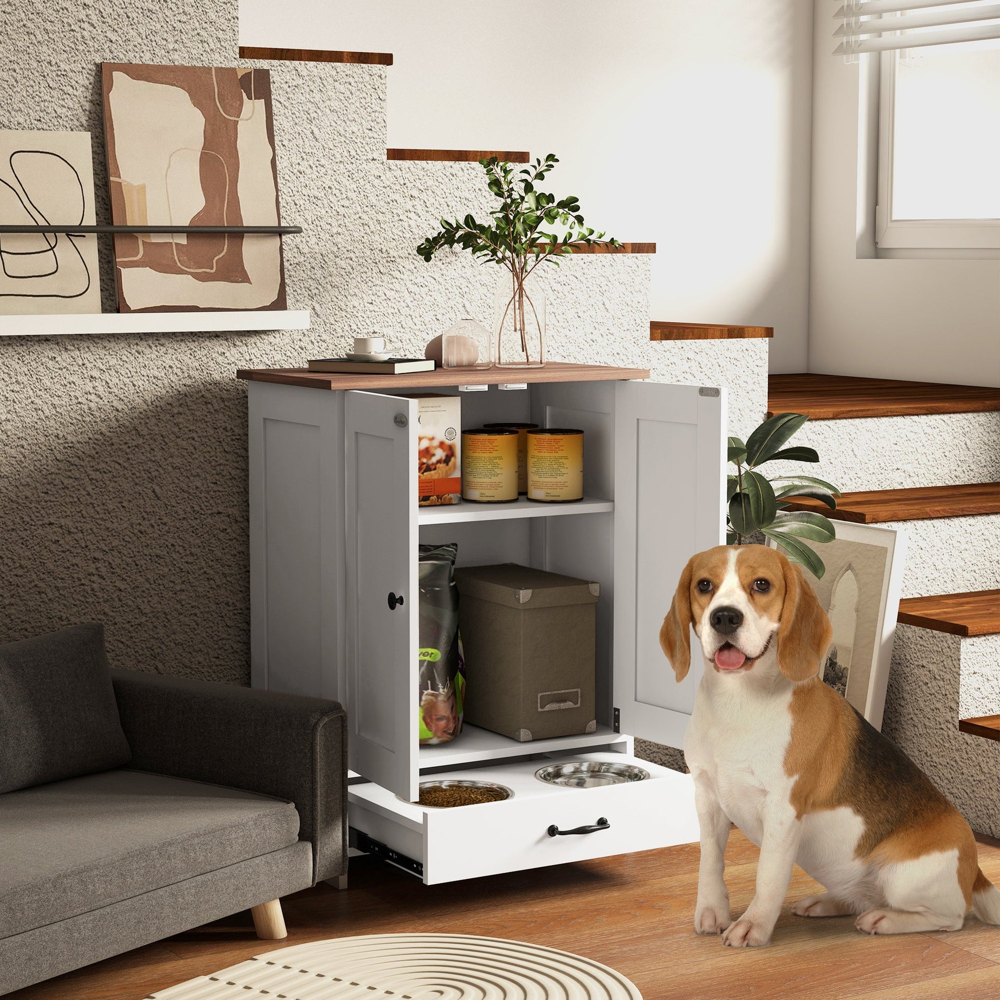 Pet Feeding Station with Storage, Dog Feeding Station with Raised Dog Bowls, Adjustable Panel, Hooks, Pet Food Storage Cabinet, White
