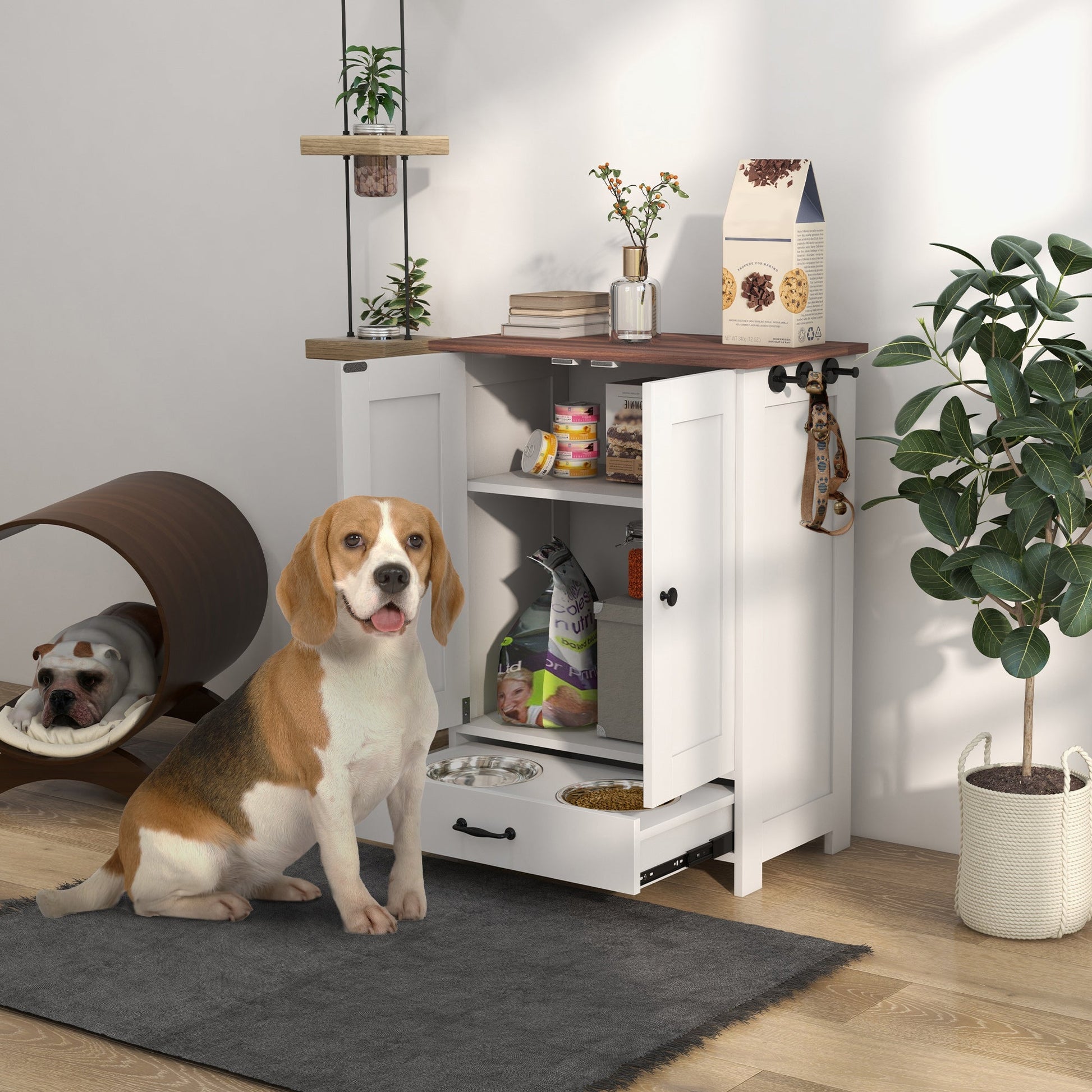 Pet Feeding Station with Storage, Dog Feeding Station with Raised Dog Bowls, Adjustable Panel, Hooks, Pet Food Storage Cabinet, White