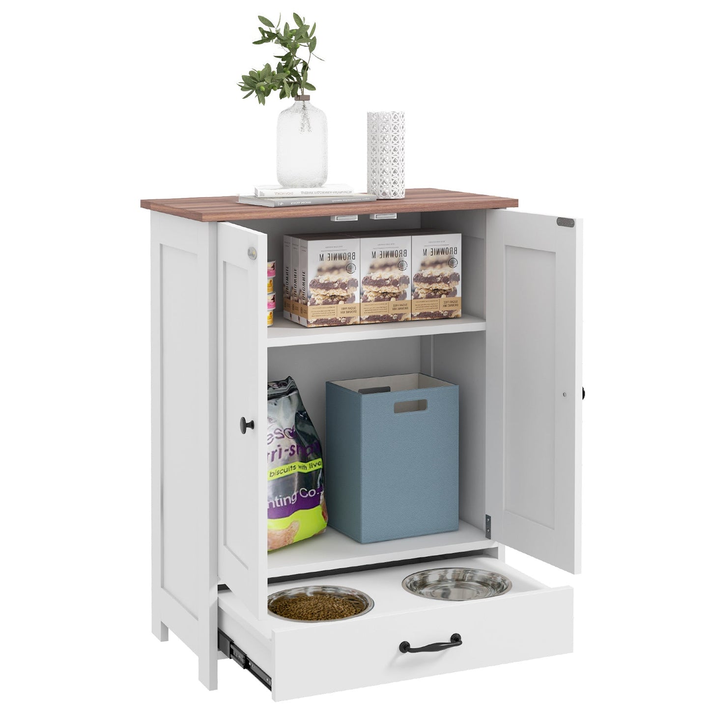 Pet Feeding Station with Storage, Dog Feeding Station with Raised Dog Bowls, Adjustable Panel, Hooks, Pet Food Storage Cabinet, White