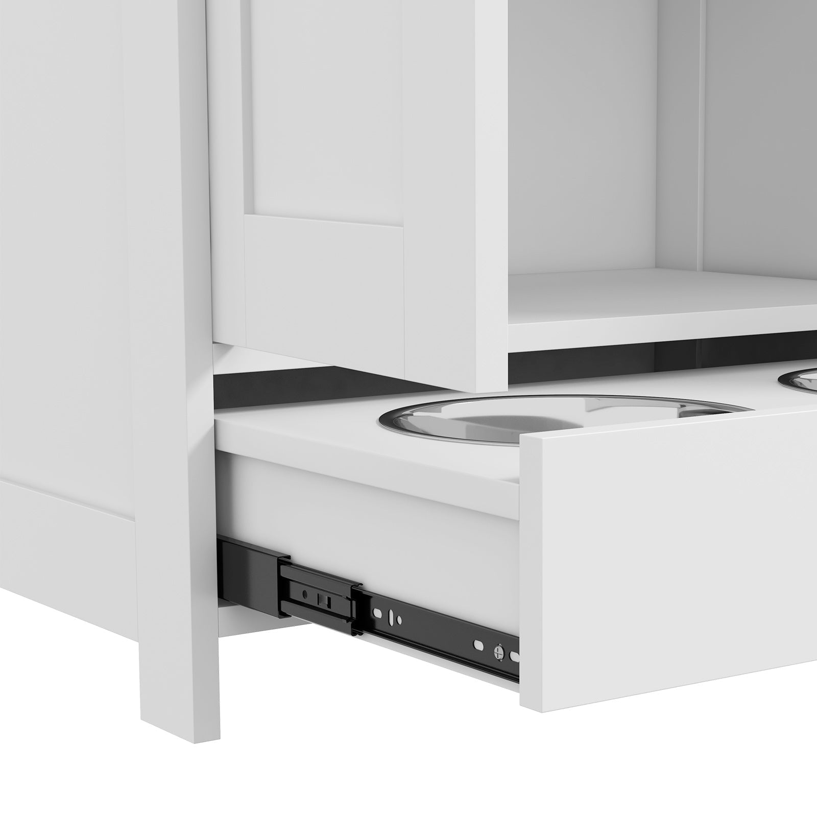 Pet Feeding Station with Storage, Dog Feeding Station with Raised Dog Bowls, Adjustable Panel, Hooks, Pet Food Storage Cabinet, White