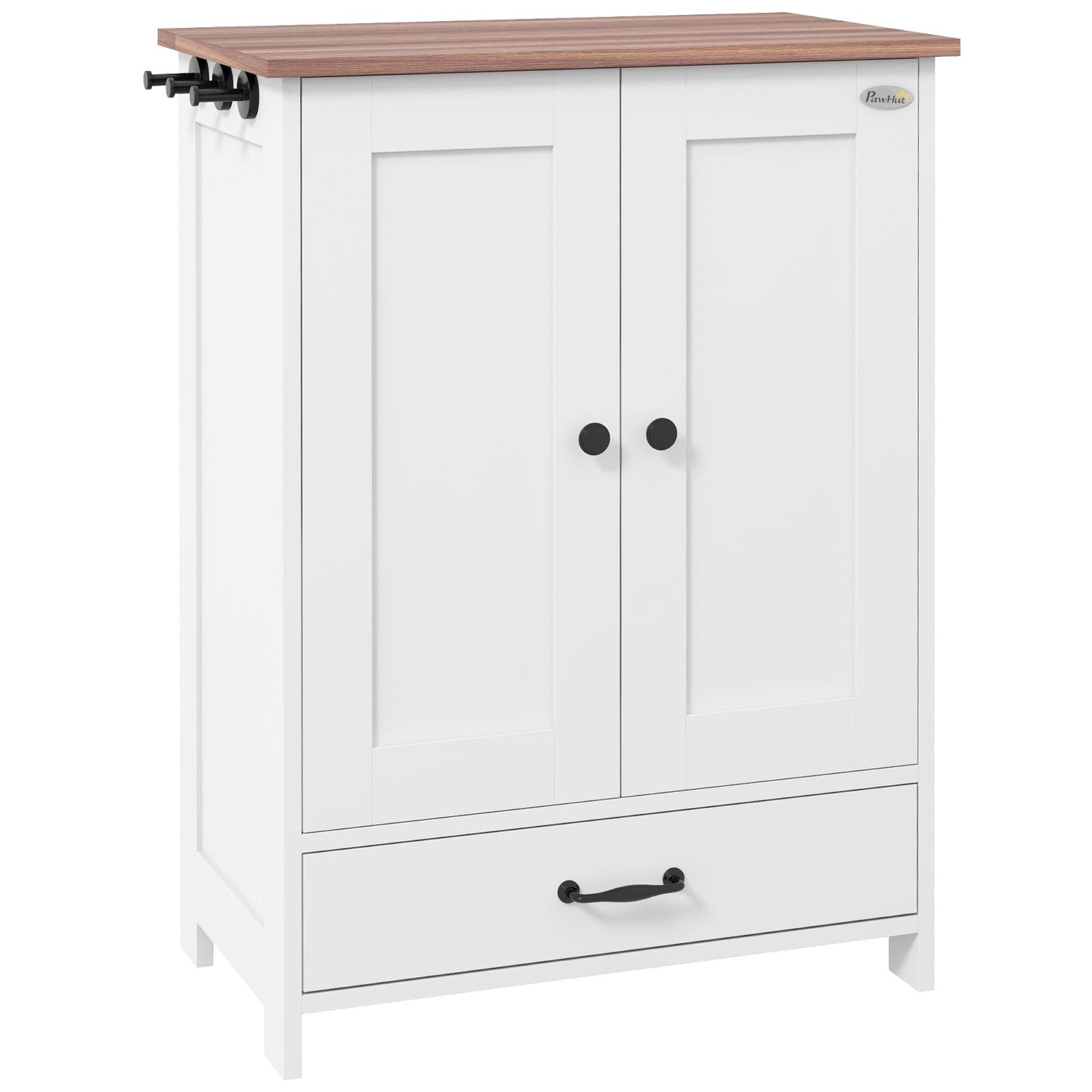 Pet Feeding Station with Storage, Dog Feeding Station with Raised Dog Bowls, Adjustable Panel, Hooks, Pet Food Storage Cabinet, White