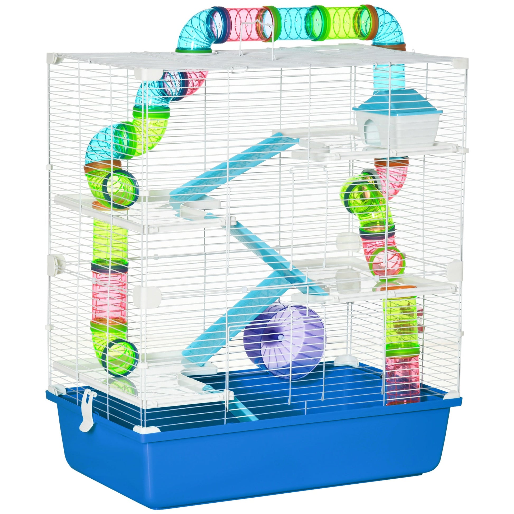 5 Tier Hamster Cage, Gerbil Cage with Tube, Water Bottle, Exercise Wheel, Food Dish, 59L x 36W x 69H cm - Blue