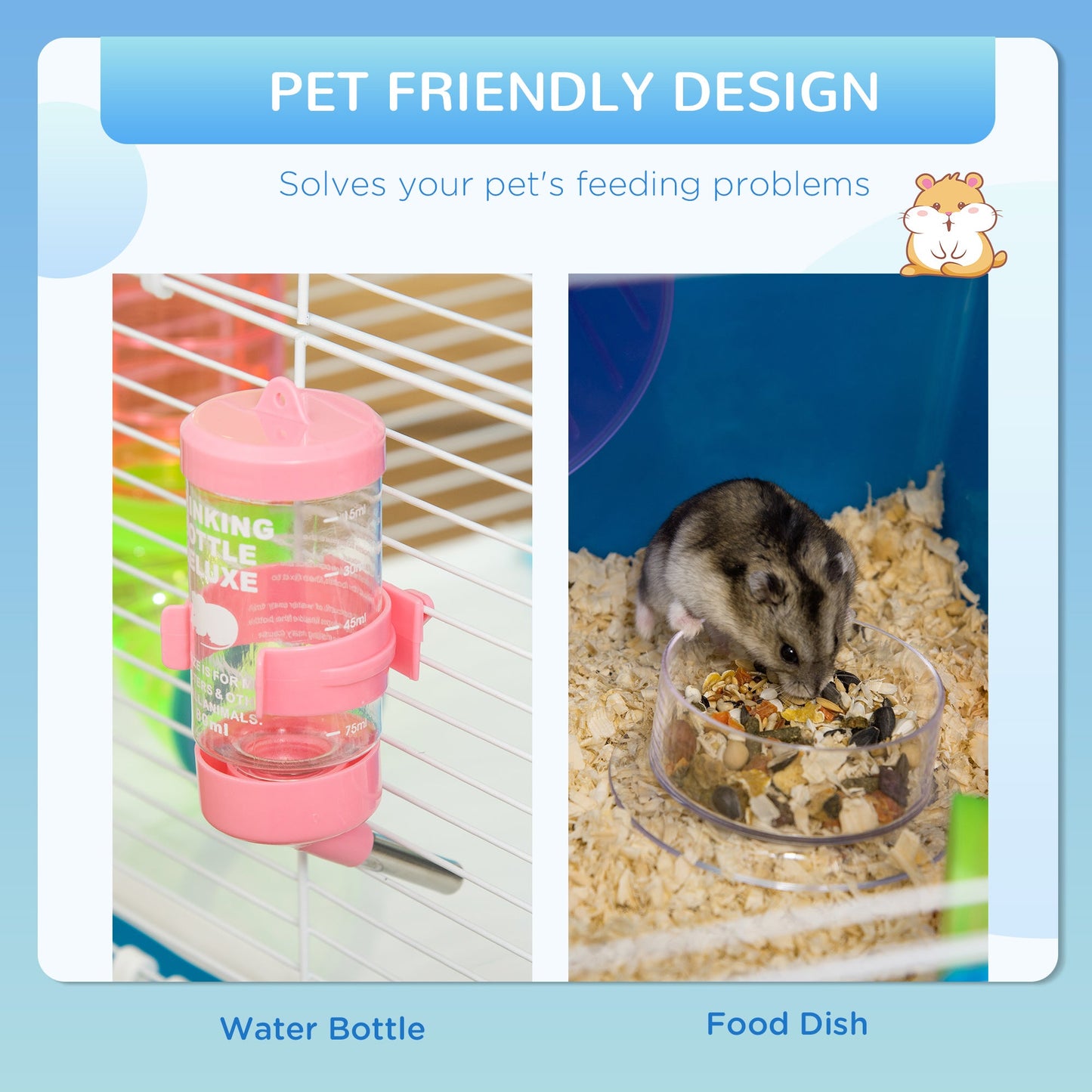 5 Tier Hamster Cage, Gerbil Cage with Tube, Water Bottle, Exercise Wheel, Food Dish, 59L x 36W x 69H cm - Blue