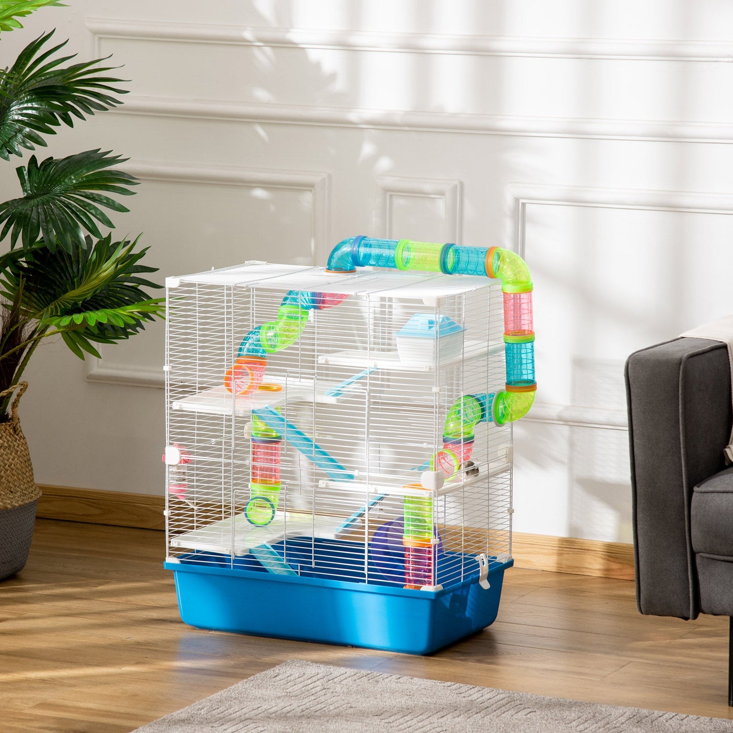 5 Tier Hamster Cage, Gerbil Cage with Tube, Water Bottle, Exercise Wheel, Food Dish, 59L x 36W x 69H cm - Blue