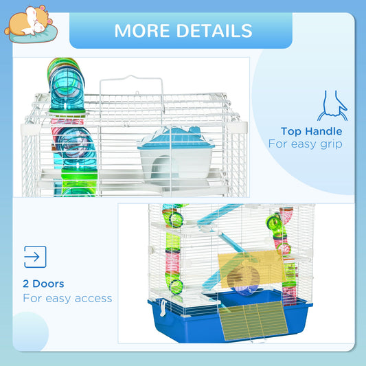 5 Tier Hamster Cage, Gerbil Cage with Tube, Water Bottle, Exercise Wheel, Food Dish, 59L x 36W x 69H cm - Blue