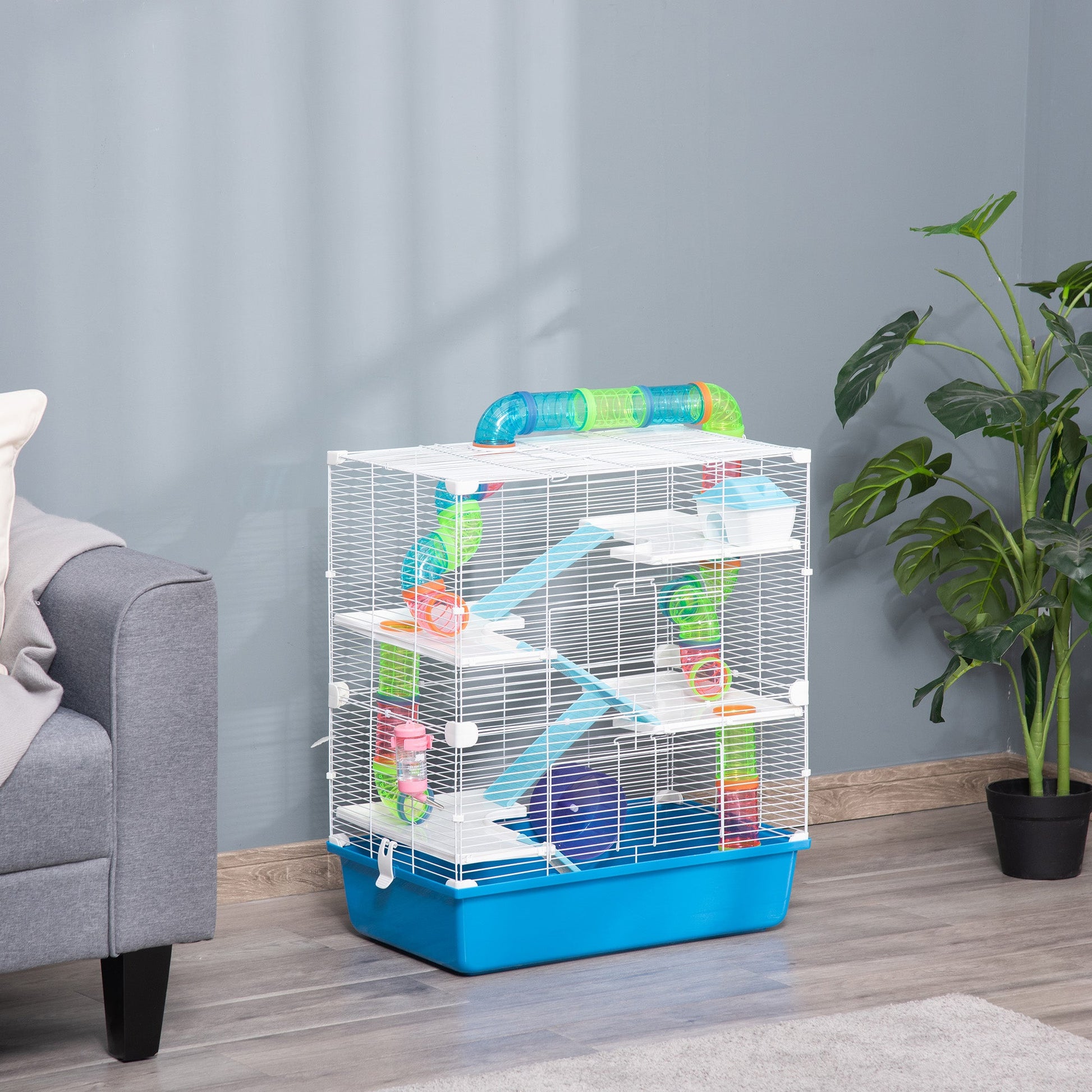 5 Tier Hamster Cage, Gerbil Cage with Tube, Water Bottle, Exercise Wheel, Food Dish, 59L x 36W x 69H cm - Blue