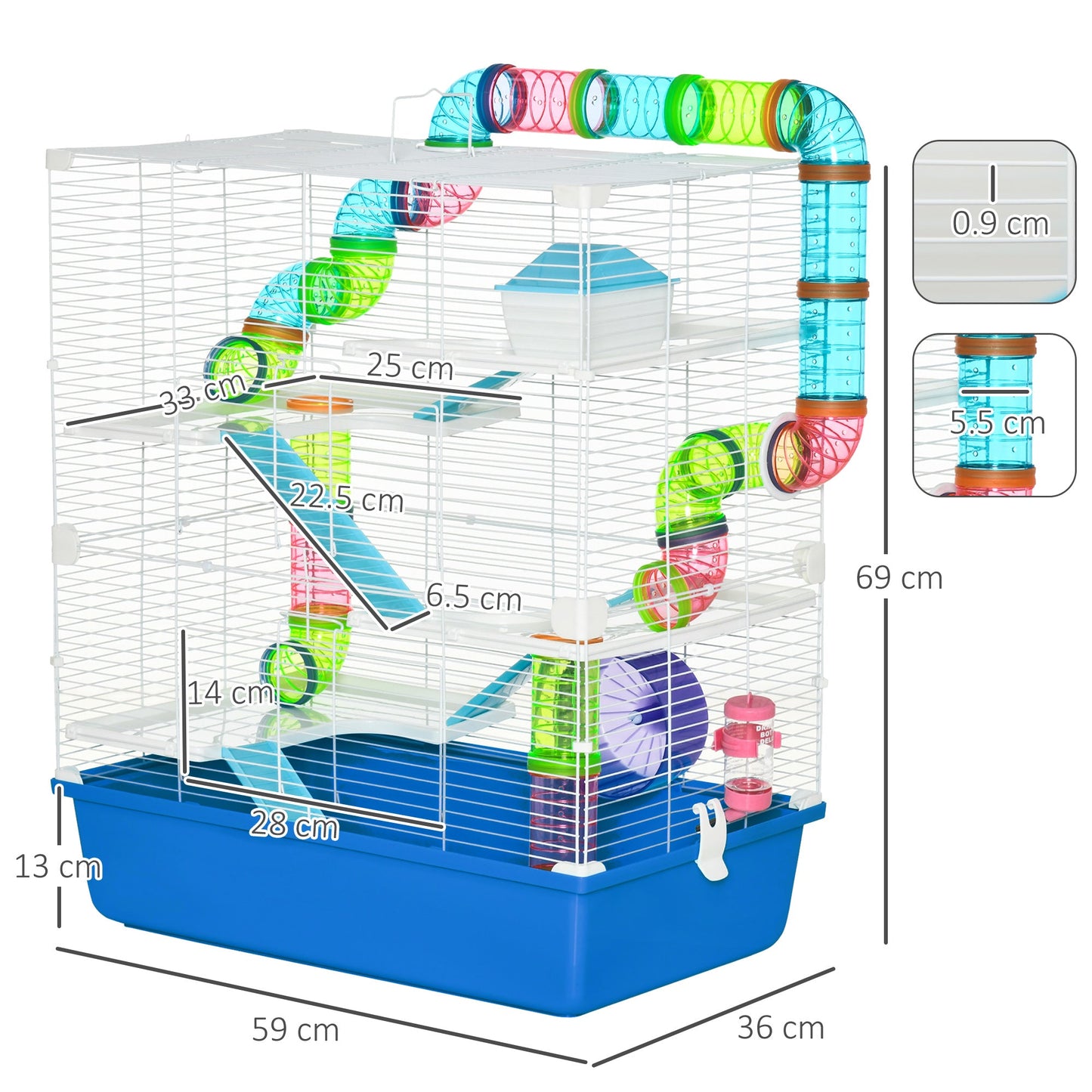 5 Tier Hamster Cage, Gerbil Cage with Tube, Water Bottle, Exercise Wheel, Food Dish, 59L x 36W x 69H cm - Blue