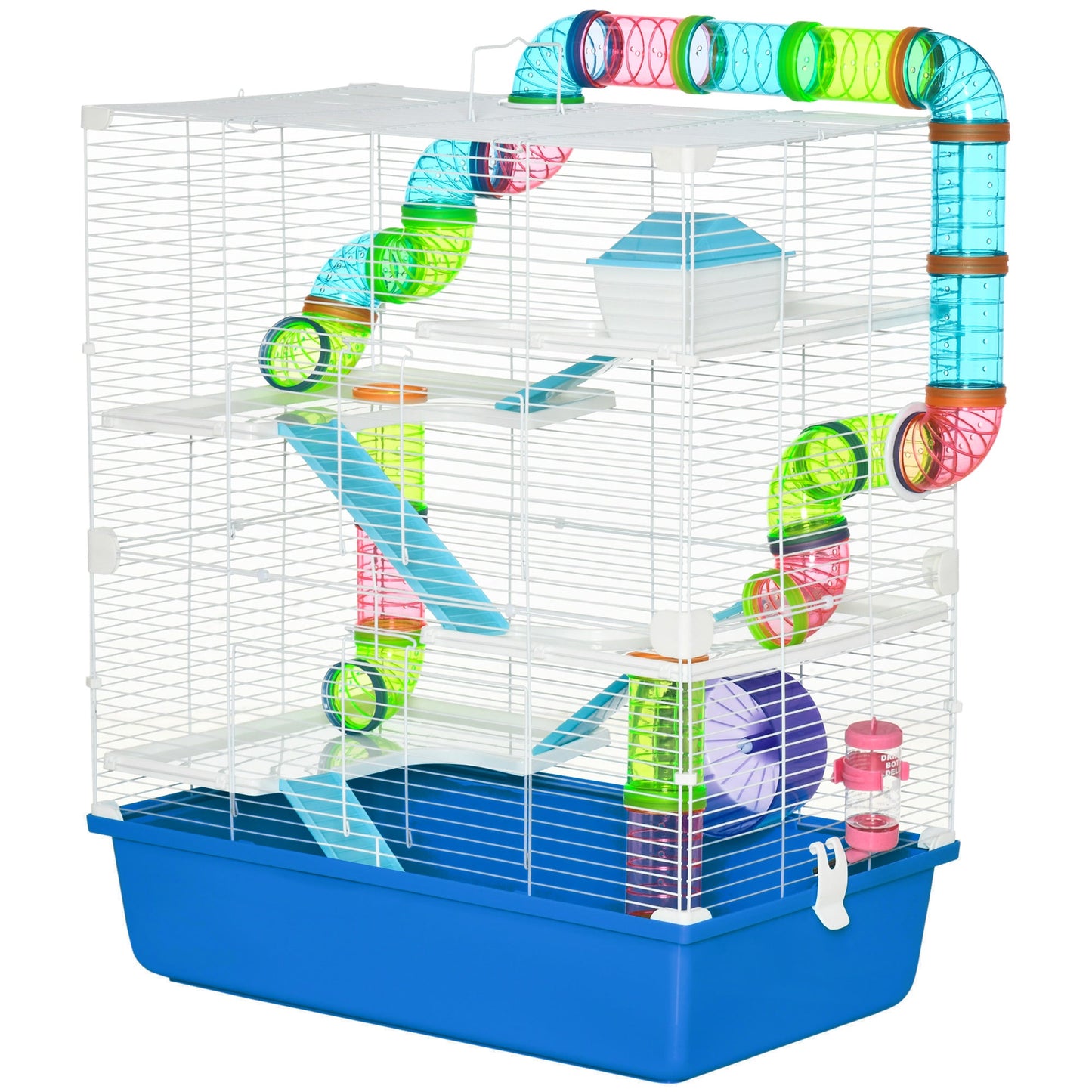 5 Tier Hamster Cage, Gerbil Cage with Tube, Water Bottle, Exercise Wheel, Food Dish, 59L x 36W x 69H cm - Blue
