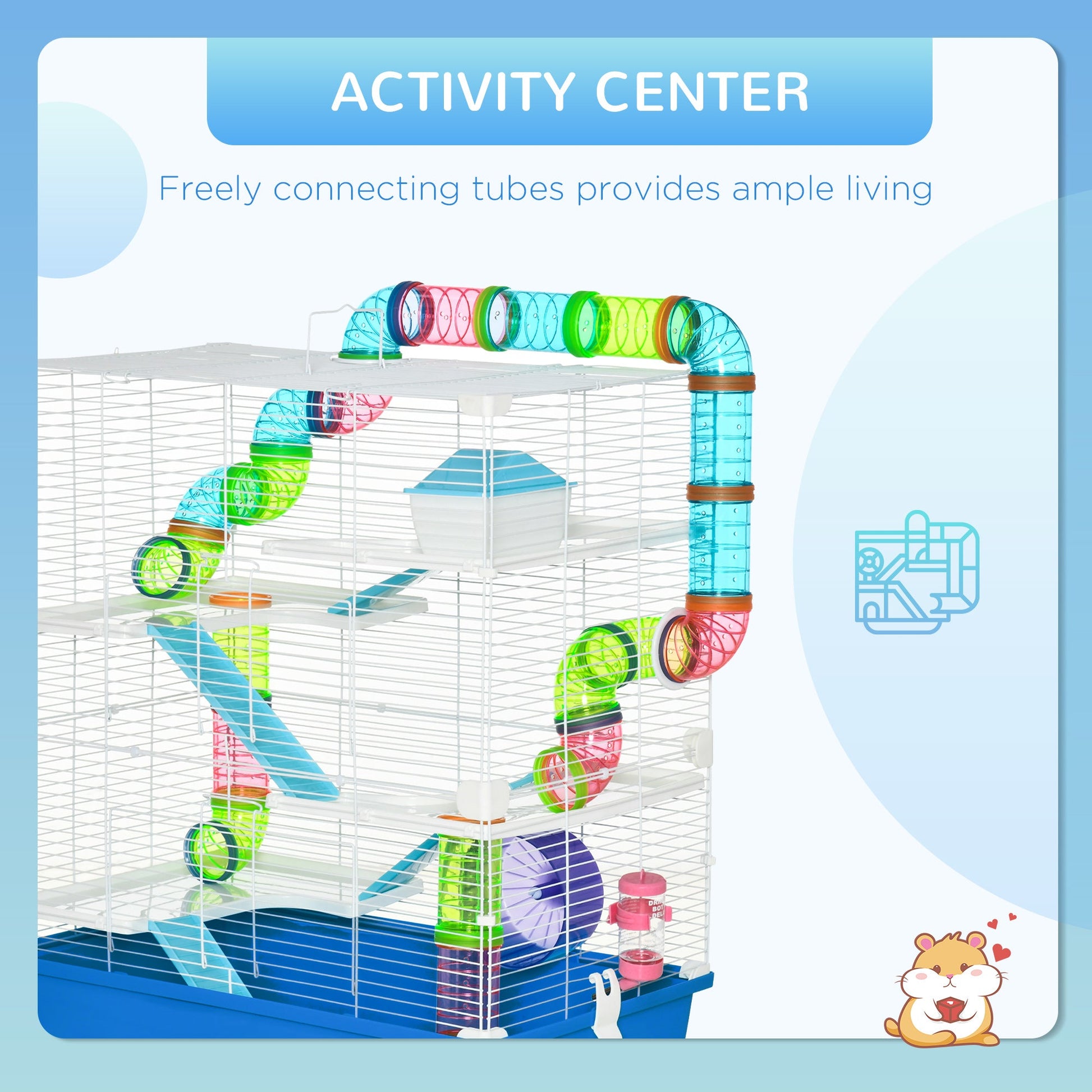 5 Tier Hamster Cage, Gerbil Cage with Tube, Water Bottle, Exercise Wheel, Food Dish, 59L x 36W x 69H cm - Blue