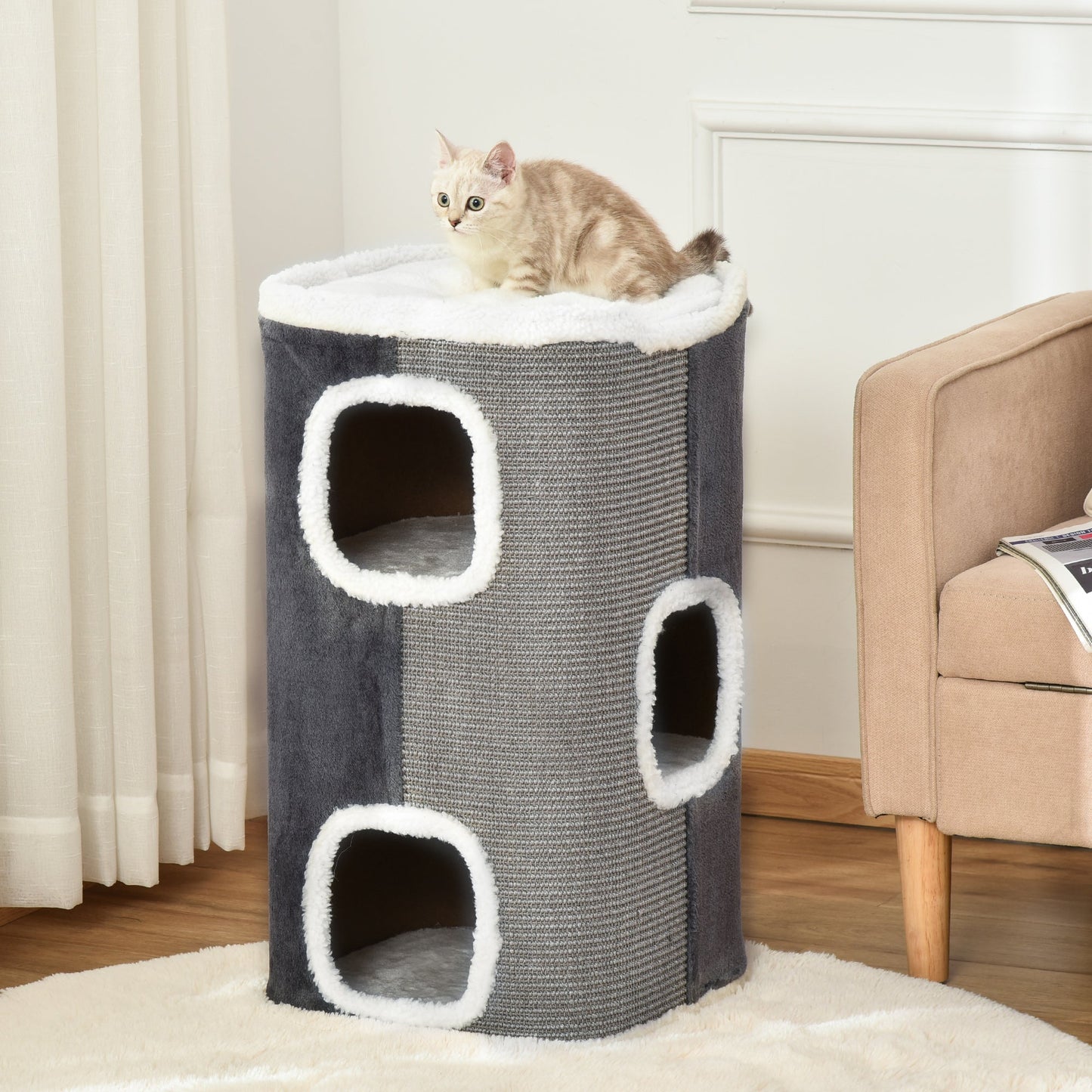 Cat Barrel Scratching Post Cat Tree for Indoor Cats Kitten Climbing Frame Pet Play Tower Soft Plush & Lamb Fleece Grey