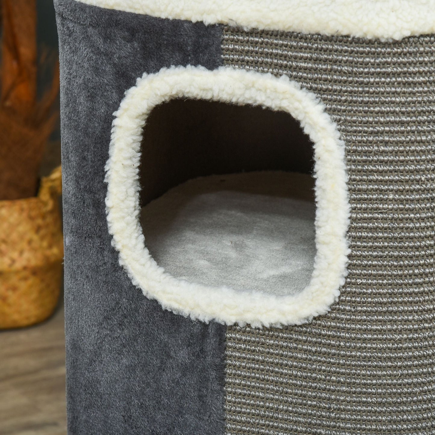 Cat Barrel Scratching Post Cat Tree for Indoor Cats Kitten Climbing Frame Pet Play Tower Soft Plush & Lamb Fleece Grey
