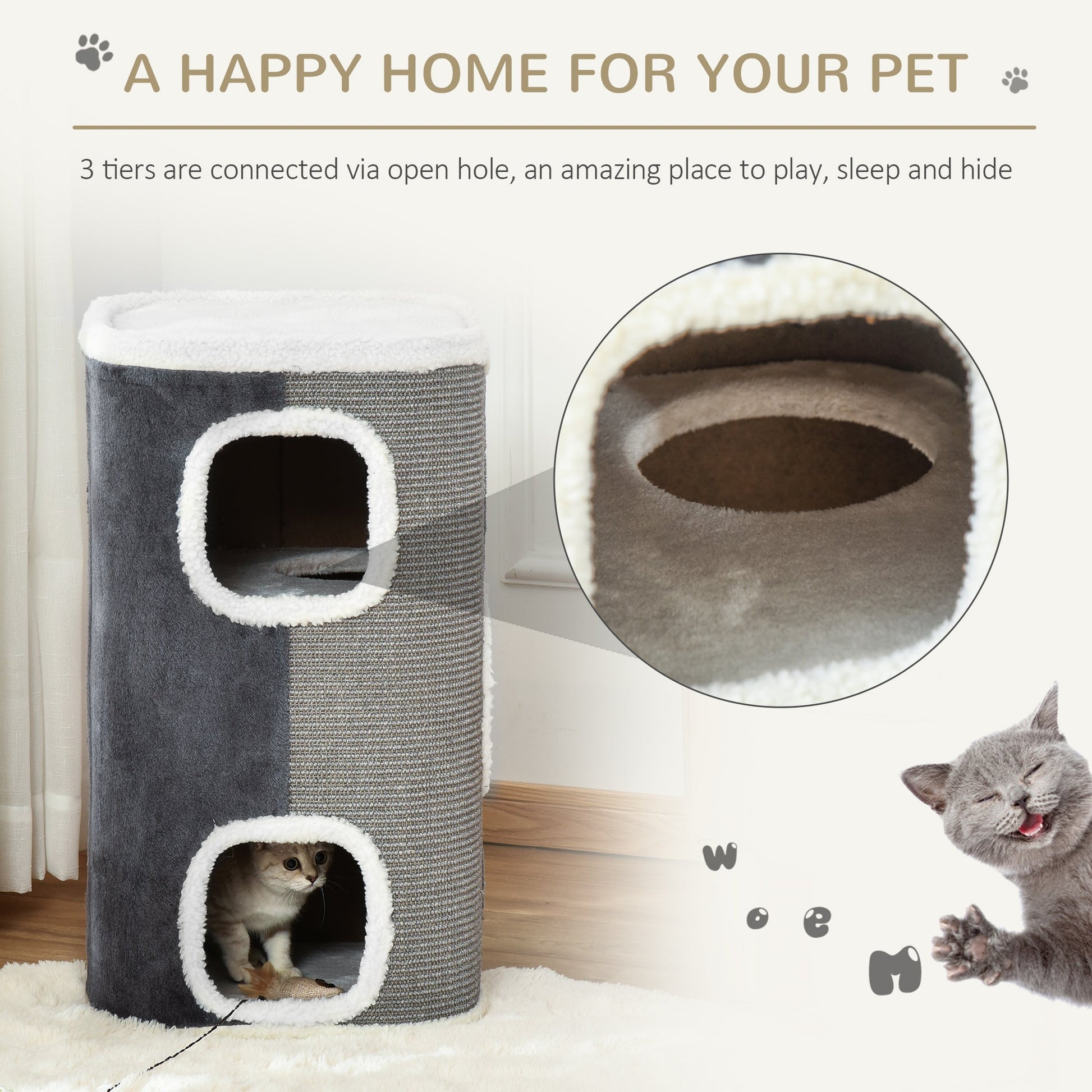Cat Barrel Scratching Post Cat Tree for Indoor Cats Kitten Climbing Frame Pet Play Tower Soft Plush & Lamb Fleece Grey