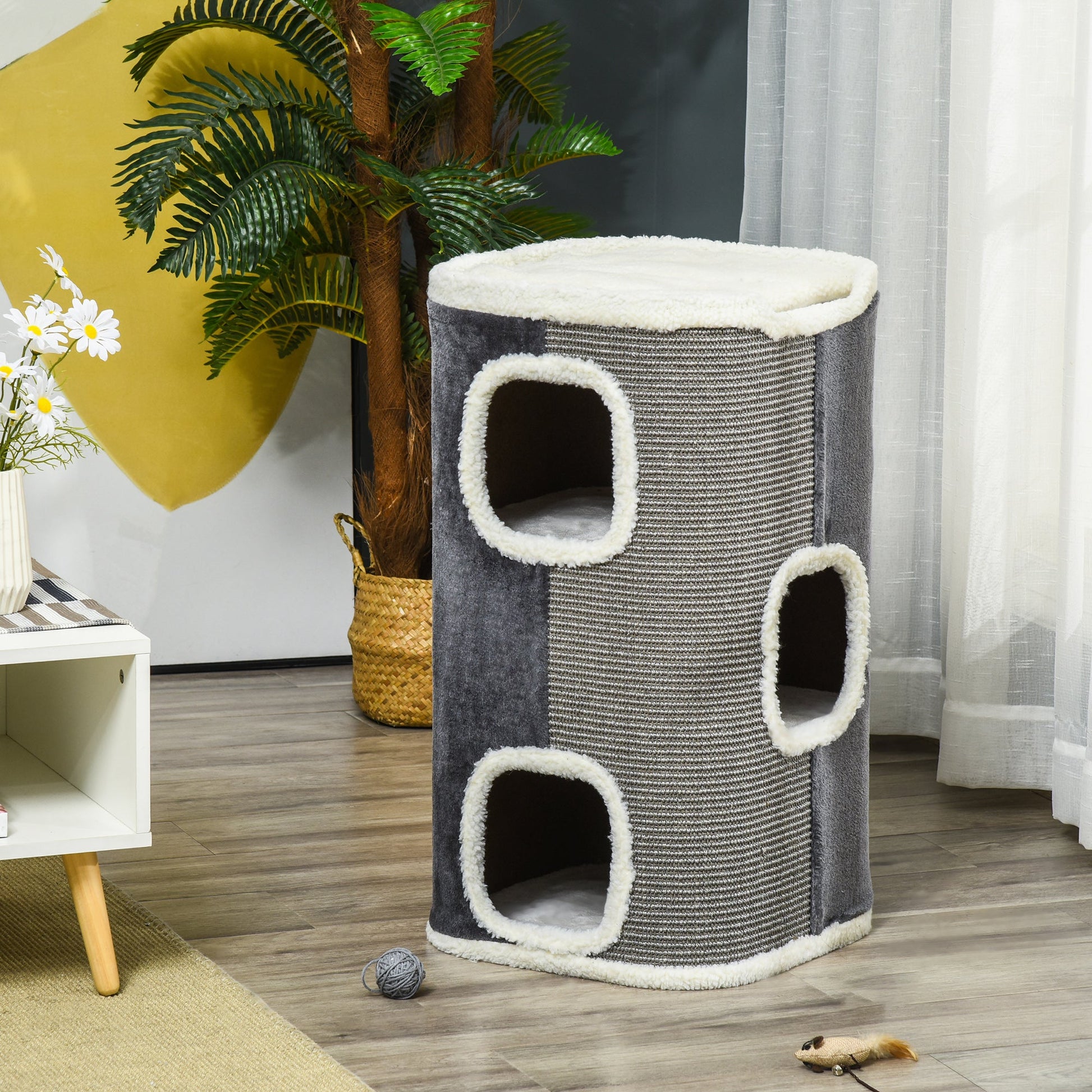 Cat Barrel Scratching Post Cat Tree for Indoor Cats Kitten Climbing Frame Pet Play Tower Soft Plush & Lamb Fleece Grey