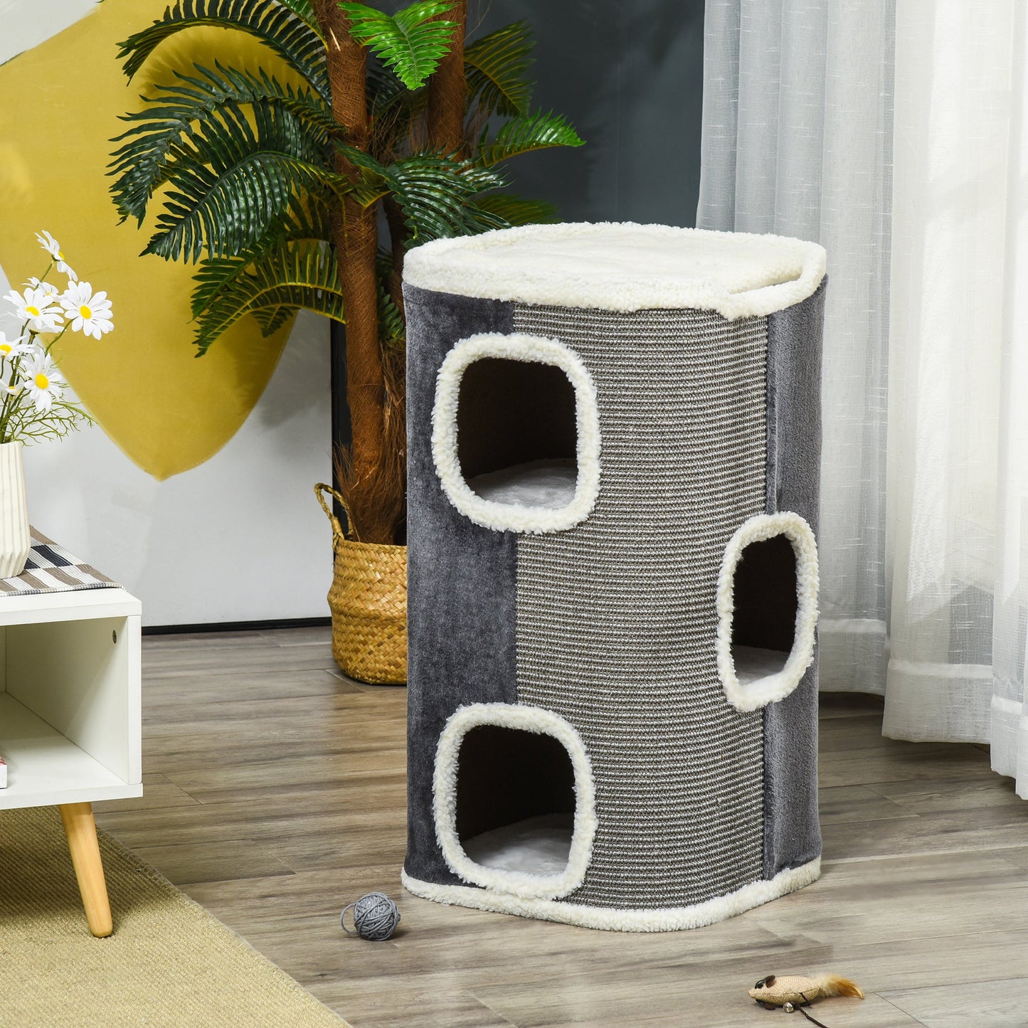 Cat Barrel Scratching Post Cat Tree for Indoor Cats Kitten Climbing Frame Pet Play Tower Soft Plush & Lamb Fleece Grey