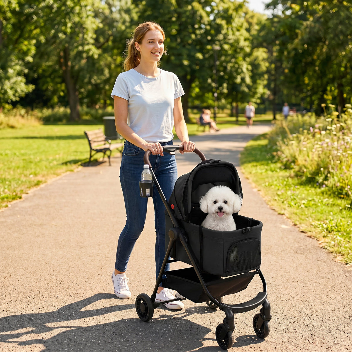 Dog Stroller, 3 in 1 Foldable Pet Stroller for Small Puppy Cat with Detachable Travel Carrier, 4 Wheels Dog Pram with Storage Basket, Seat Leashes, Mesh Window, Black