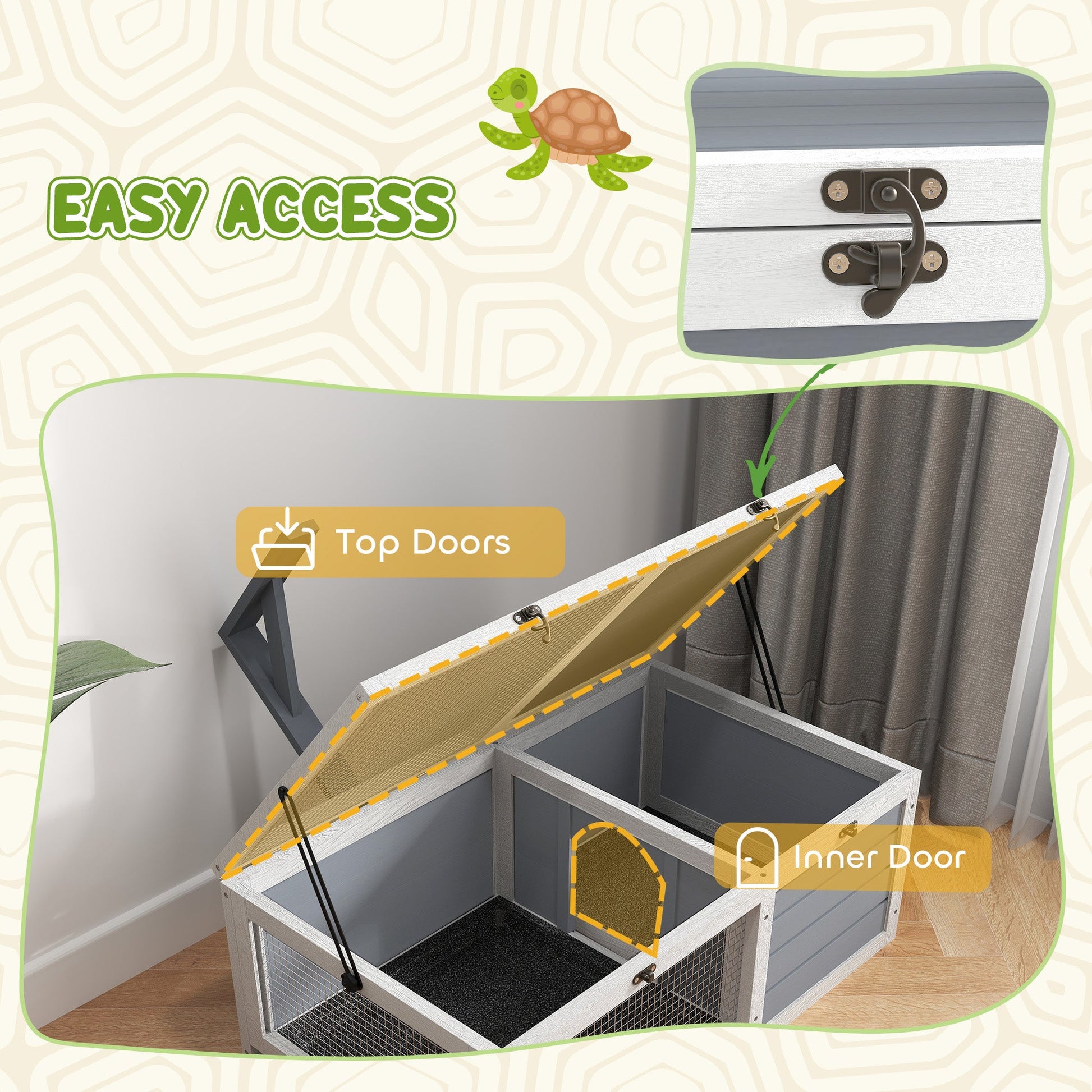 Tortoise House, Wooden Tortoise Enclosure, Tortoise Habitat with Lamp Holder, 2 Pull-Out Trays, Hideaway, Run, for Indoor, Outdoor, Light Grey