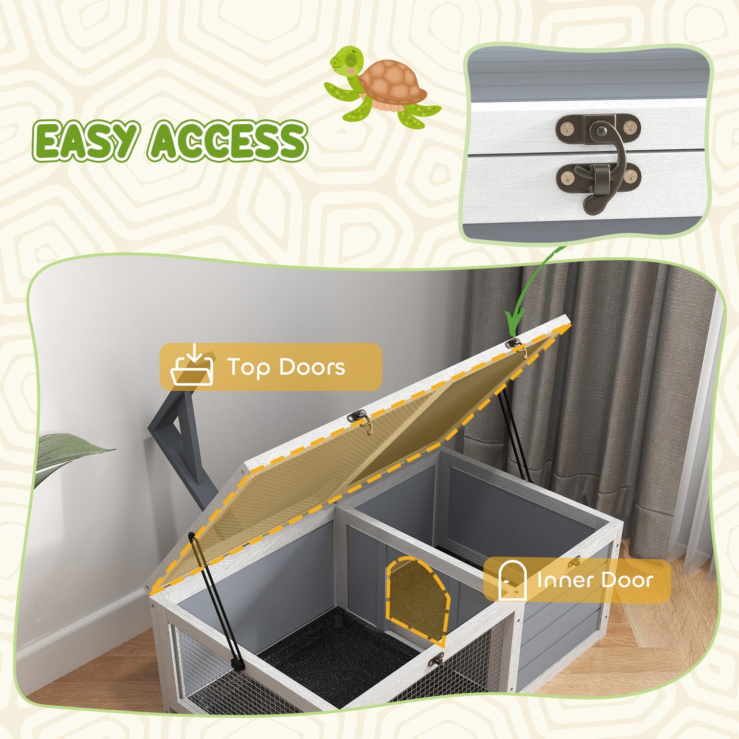 Tortoise House, Wooden Tortoise Enclosure, Tortoise Habitat with Lamp Holder, 2 Pull-Out Trays, Hideaway, Run, for Indoor, Outdoor, Light Grey