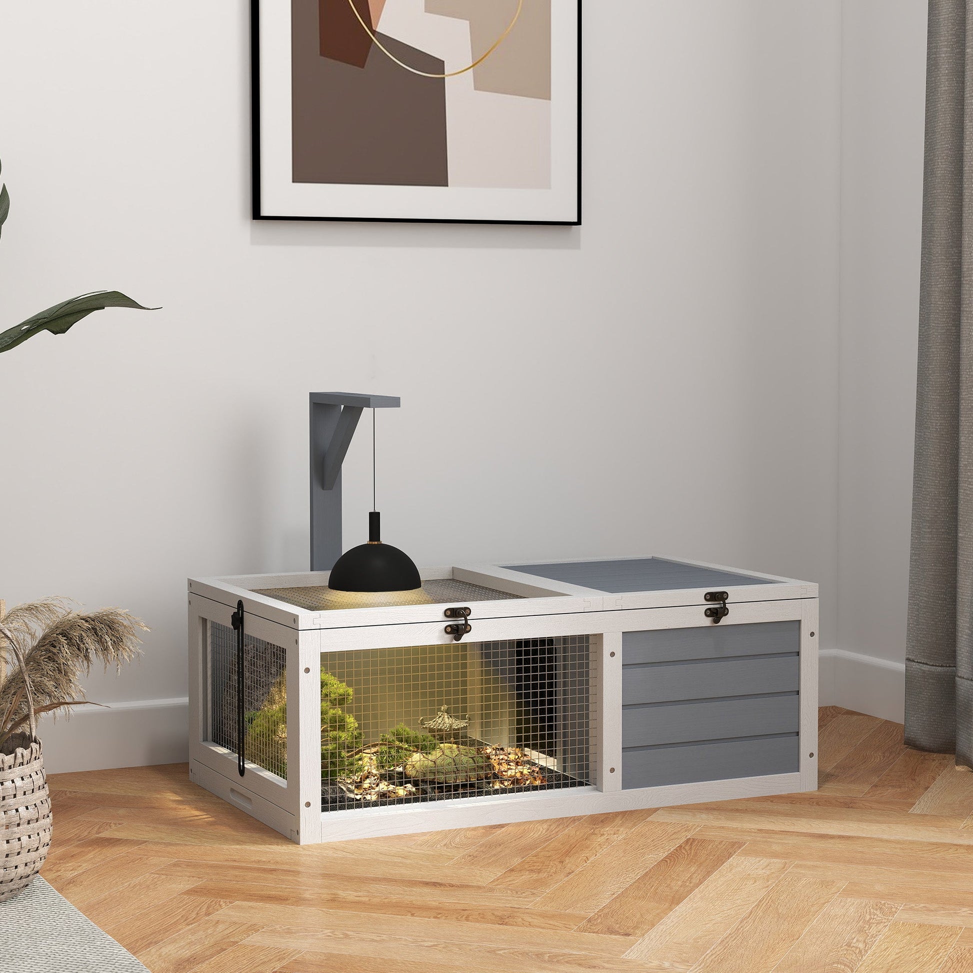Tortoise House, Wooden Tortoise Enclosure, Tortoise Habitat with Lamp Holder, 2 Pull-Out Trays, Hideaway, Run, for Indoor, Outdoor, Light Grey