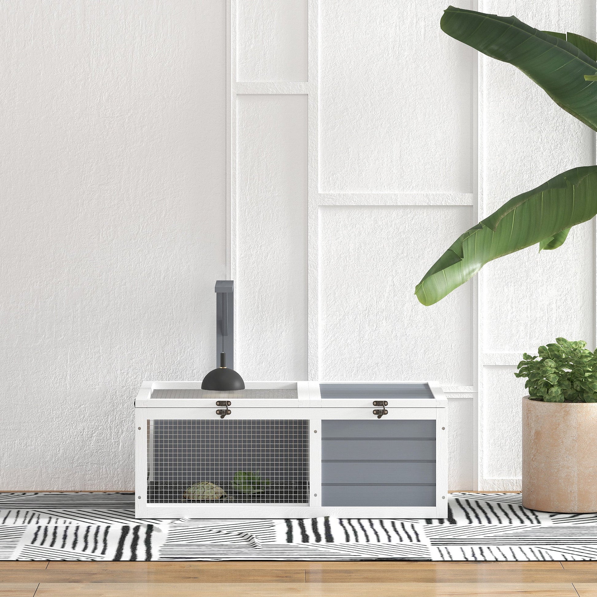 Tortoise House, Wooden Tortoise Enclosure, Tortoise Habitat with Lamp Holder, 2 Pull-Out Trays, Hideaway, Run, for Indoor, Outdoor, Light Grey