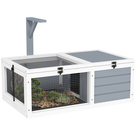 Tortoise House, Wooden Tortoise Enclosure, Tortoise Habitat with Lamp Holder, 2 Pull-Out Trays, Hideaway, Run, for Indoor, Outdoor, Light Grey