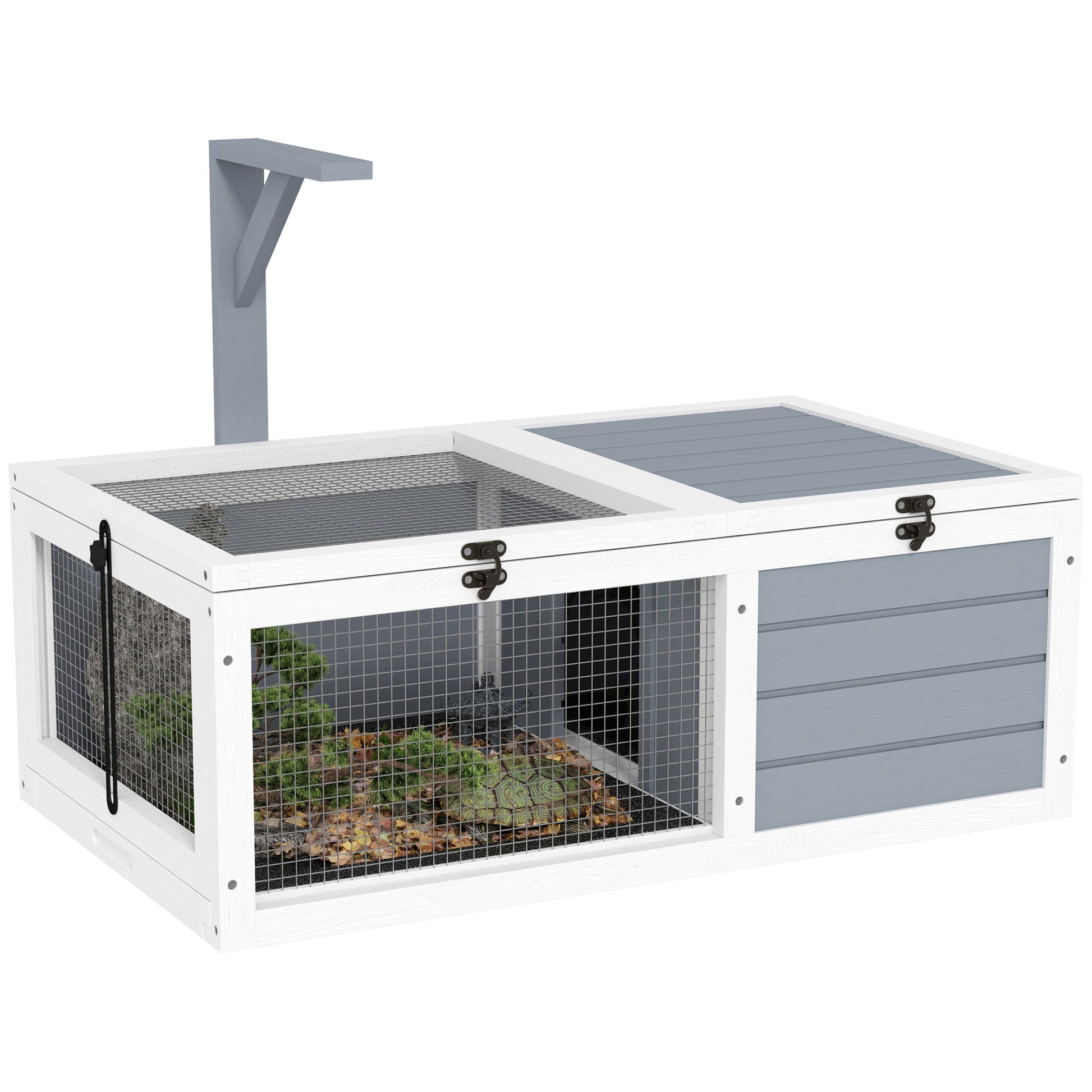 Tortoise House, Wooden Tortoise Enclosure, Tortoise Habitat with Lamp Holder, 2 Pull-Out Trays, Hideaway, Run, for Indoor, Outdoor, Light Grey