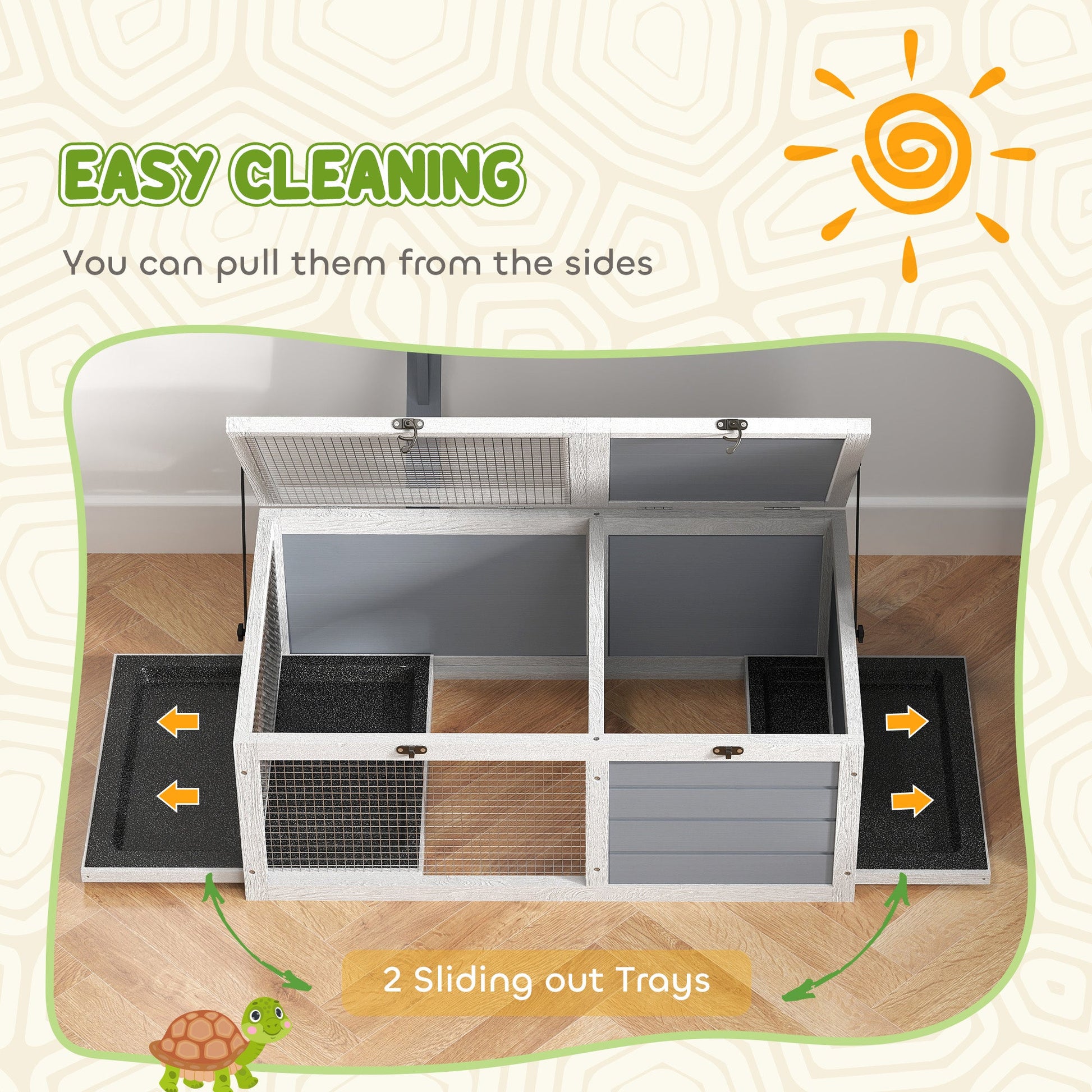 Tortoise House, Wooden Tortoise Enclosure, Tortoise Habitat with Lamp Holder, 2 Pull-Out Trays, Hideaway, Run, for Indoor, Outdoor, Light Grey