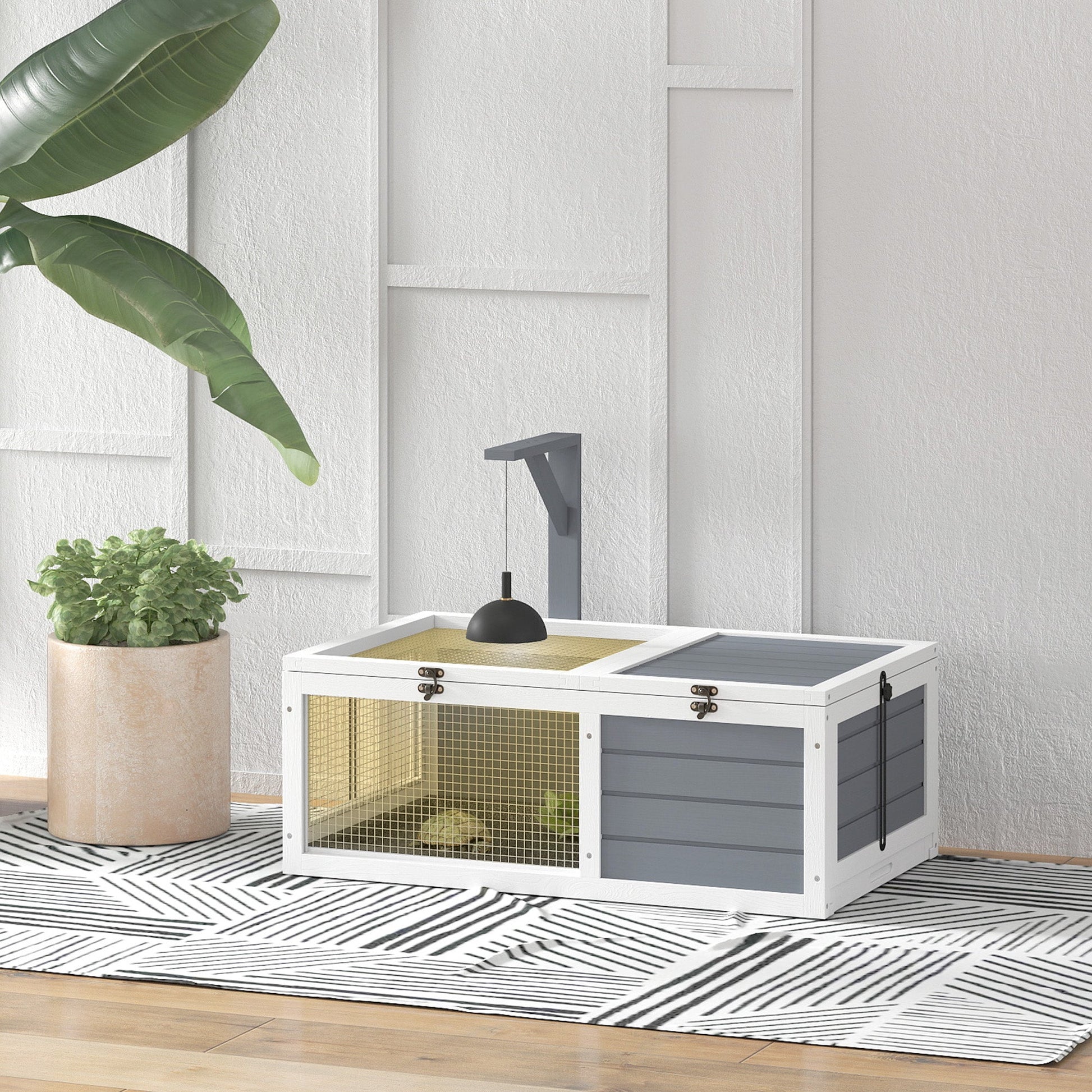 Tortoise House, Wooden Tortoise Enclosure, Tortoise Habitat with Lamp Holder, 2 Pull-Out Trays, Hideaway, Run, for Indoor, Outdoor, Light Grey