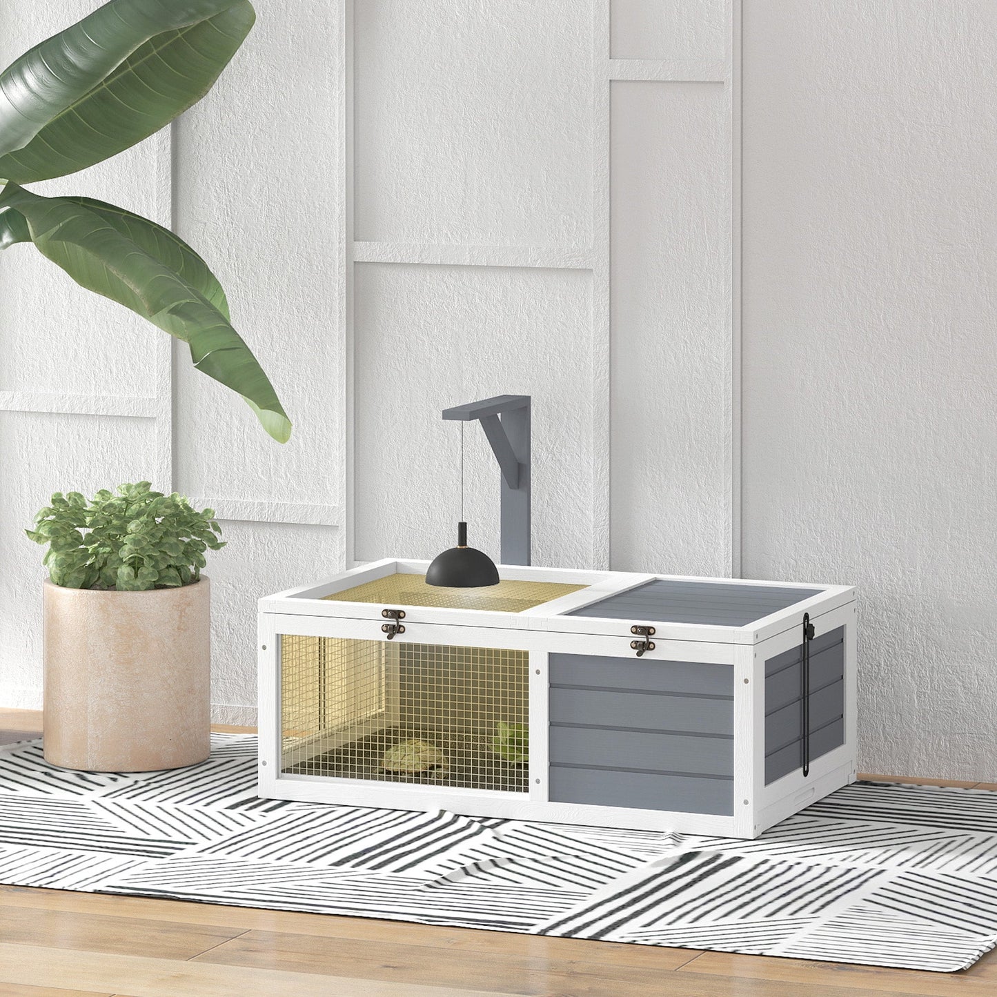 Tortoise House, Wooden Tortoise Enclosure, Tortoise Habitat with Lamp Holder, 2 Pull-Out Trays, Hideaway, Run, for Indoor, Outdoor, Light Grey