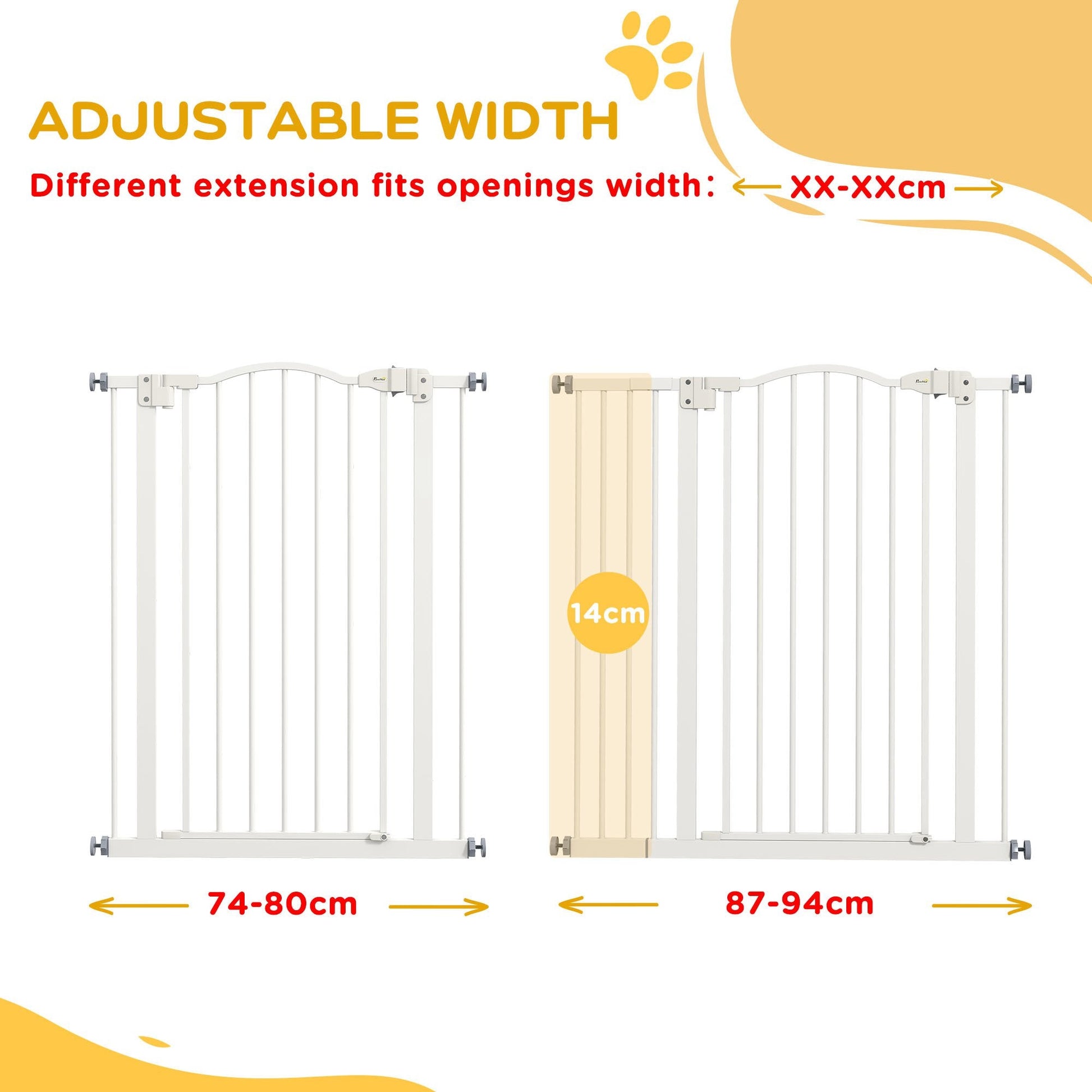 Pressure Fit Dog Stair Gate No Drilling Safety Gate Auto Close for Doorways, Hallways, 74-94cm Adjustable, 94cm Tall, White