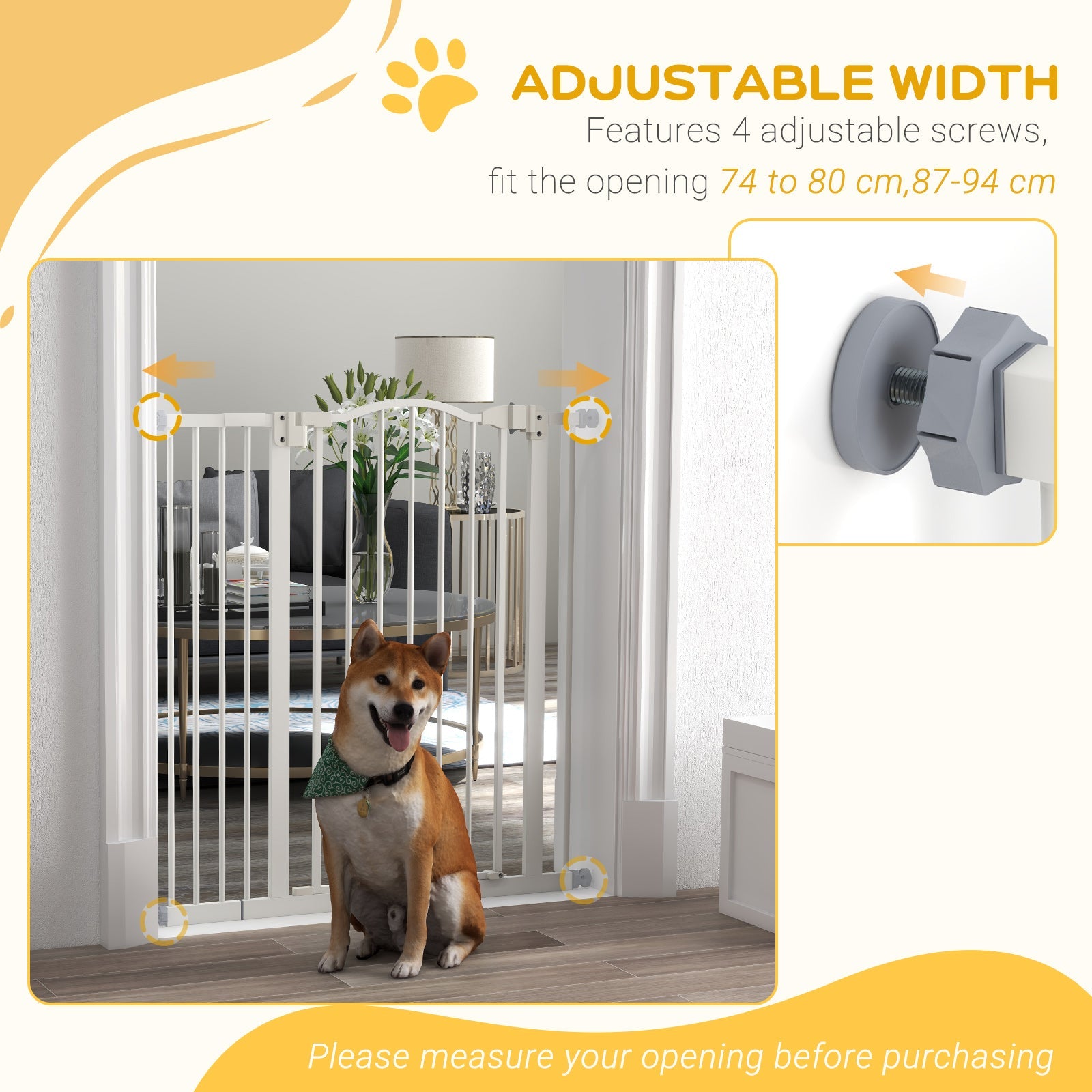 Pressure Fit Dog Stair Gate No Drilling Safety Gate Auto Close for Doorways, Hallways, 74-94cm Adjustable, 94cm Tall, White